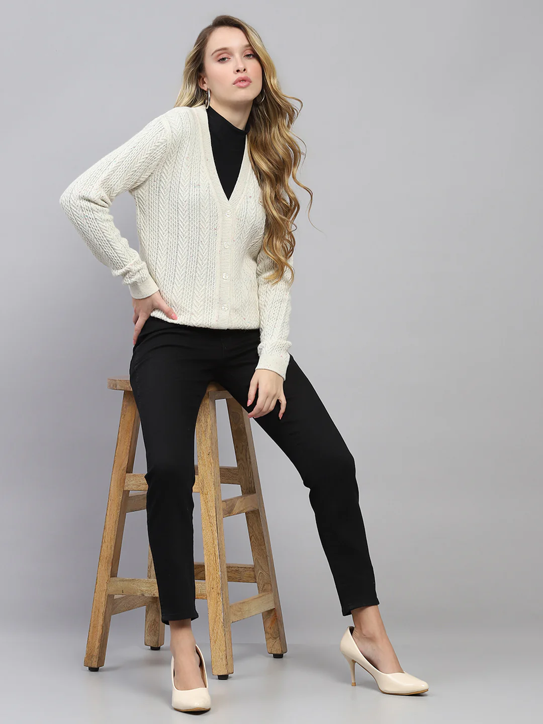 Women Off White Self Design V Neck Full Sleeve Cardigan - Image 2
