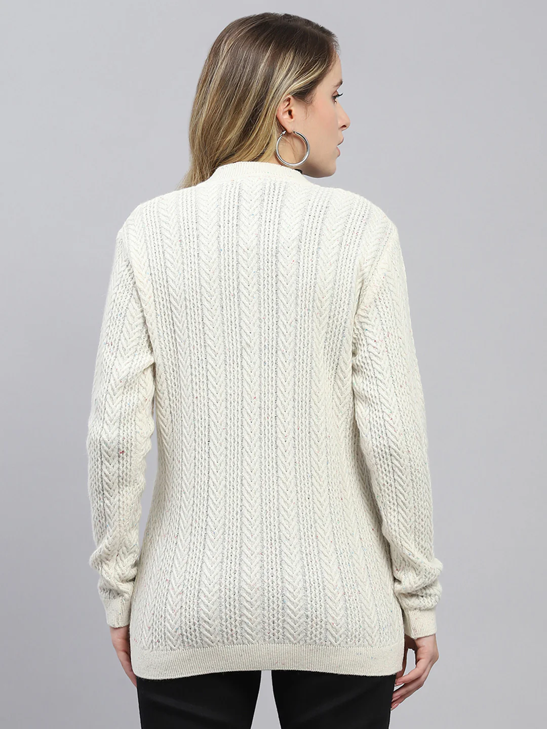 Women Off White Self Design V Neck Full Sleeve Cardigan - Image 5