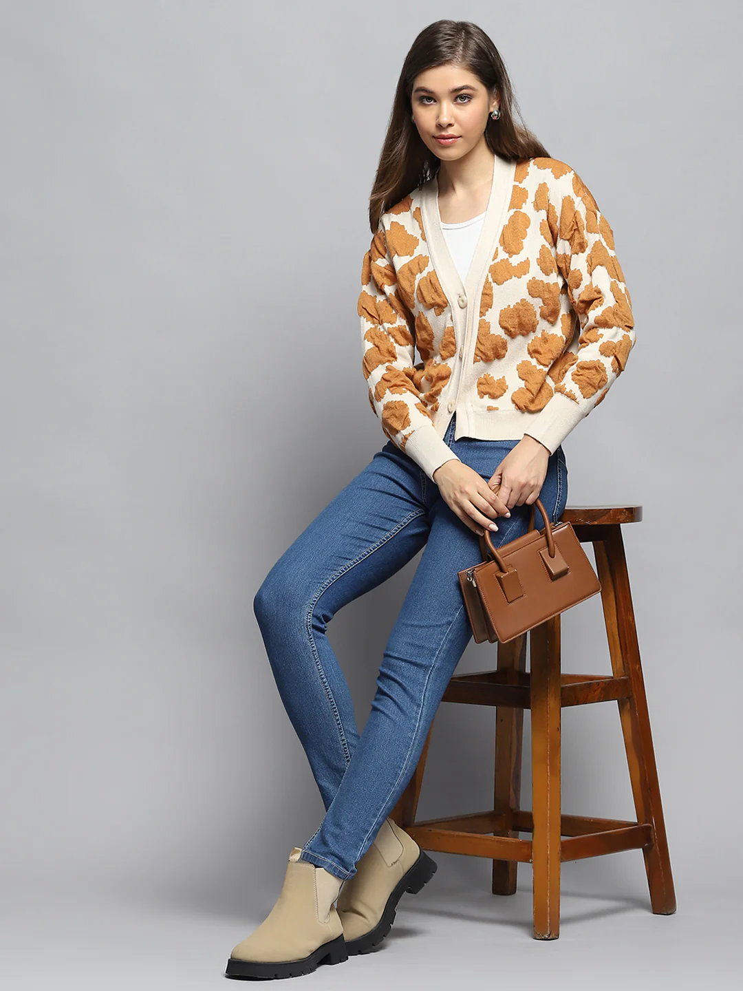 Women Off White Self Design V Neck Full Sleeve Cardigan - Image 2