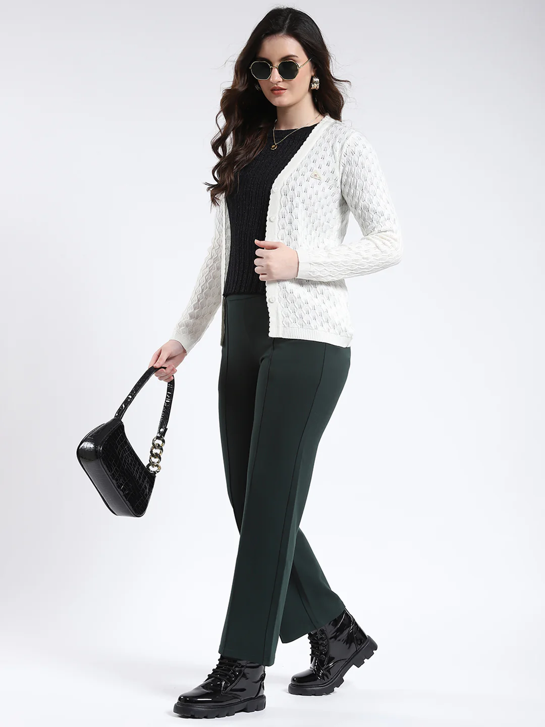 Women Off White Self Design V Neck Full Sleeve Cardigan - Image 2