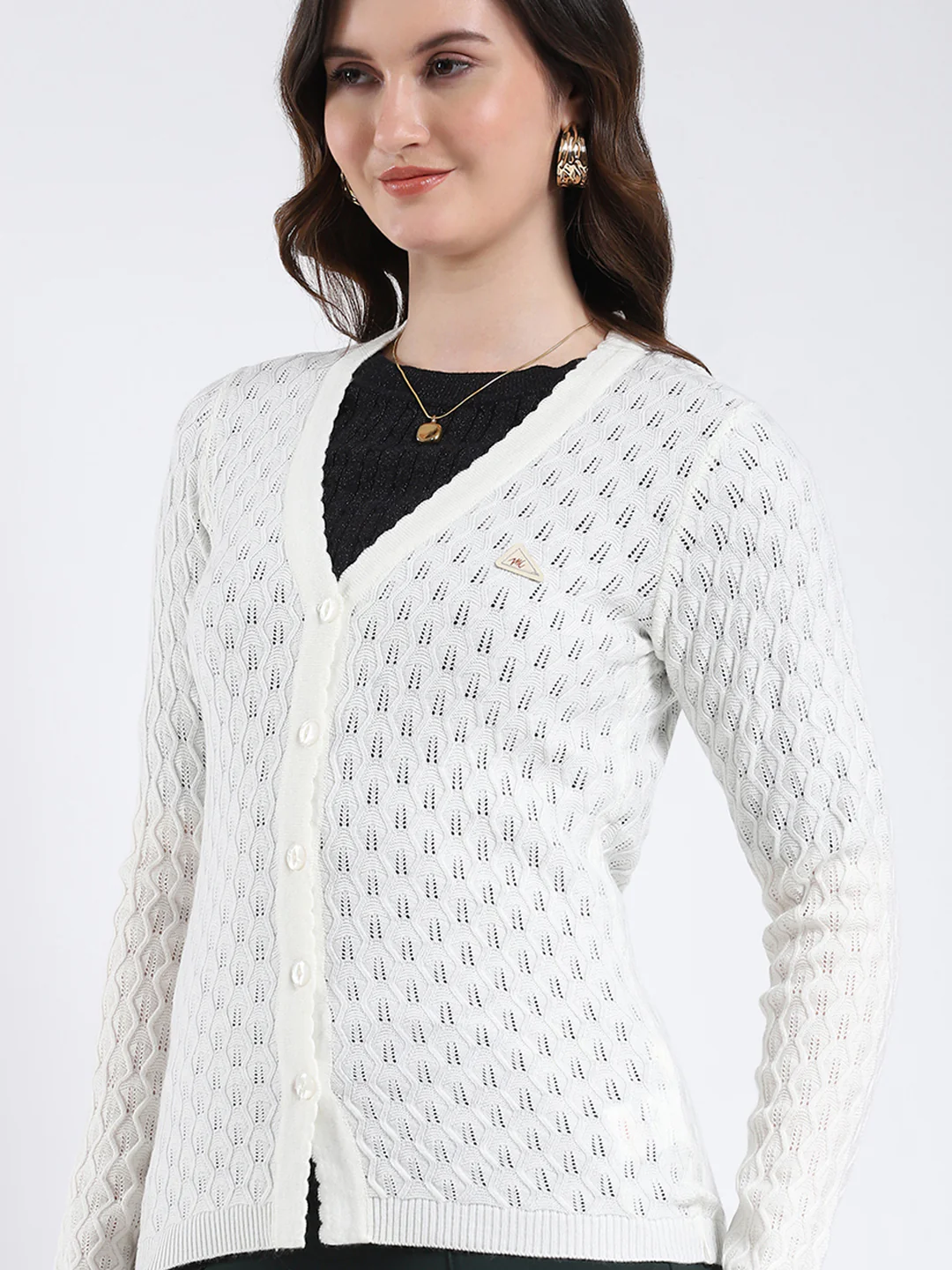 Women Off White Self Design V Neck Full Sleeve Cardigan - Image 6