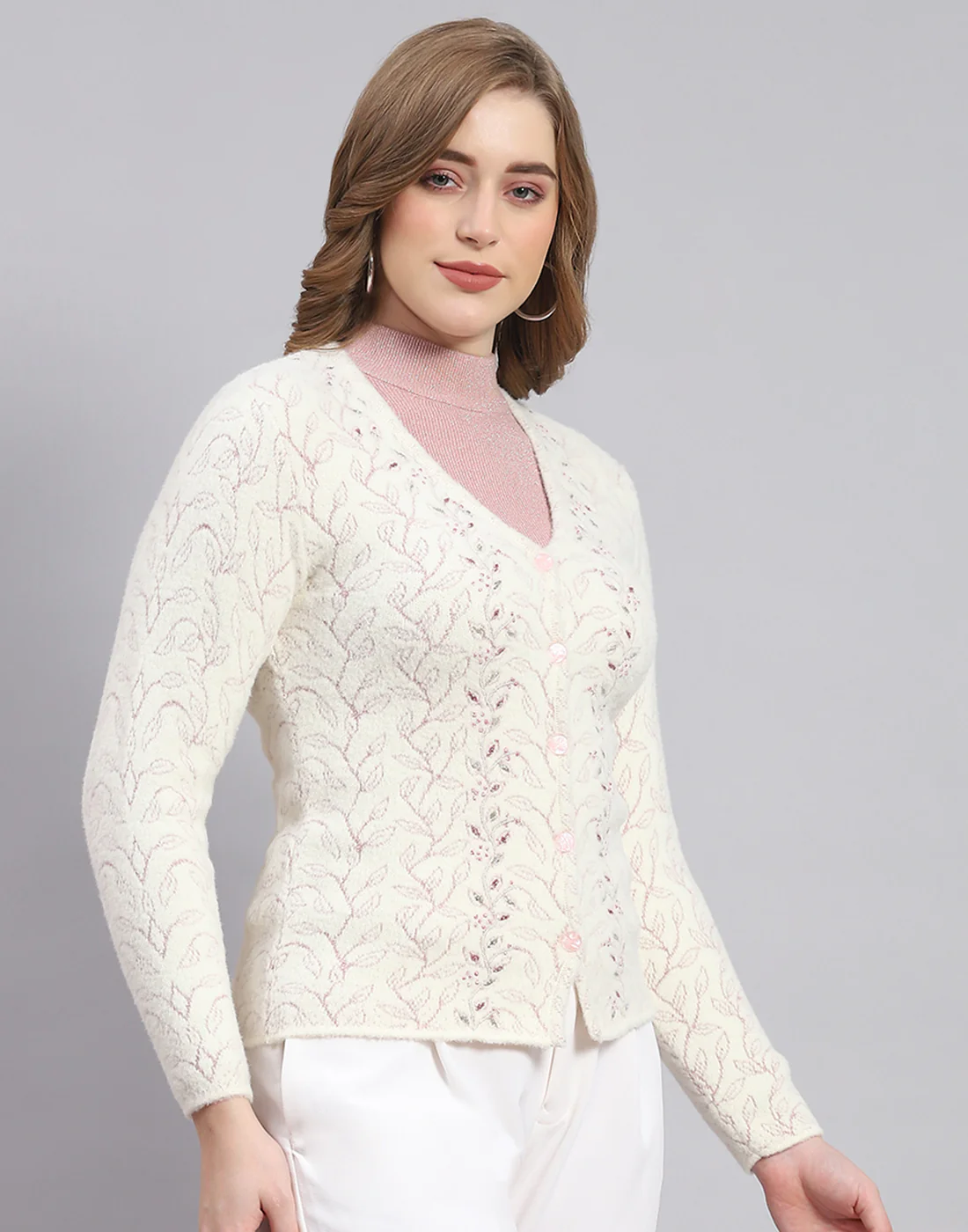 Women Off White Self Design V Neck Full Sleeve Sweater - Image 4