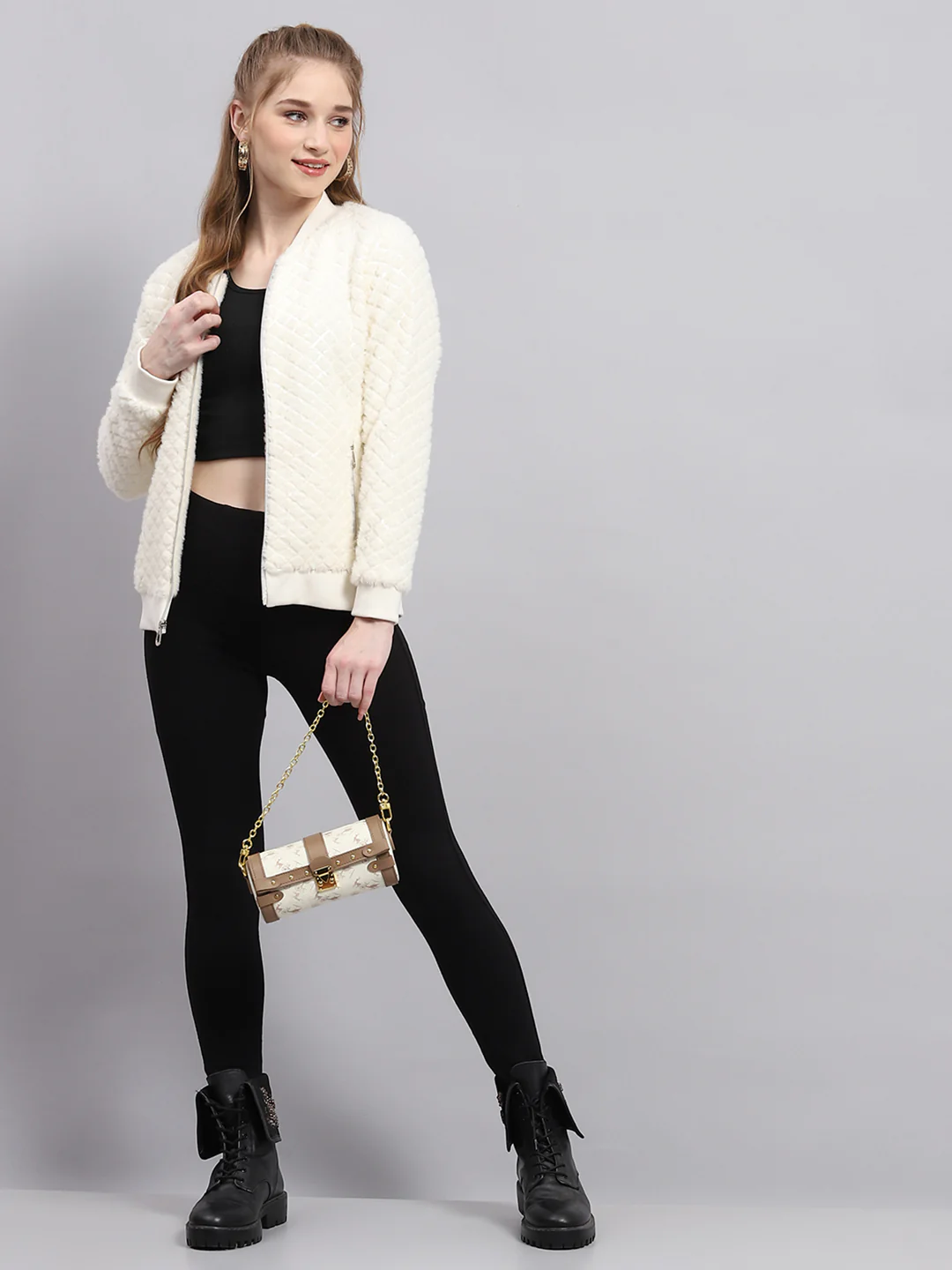 Women Off White Self Design V Neck Full Sleeve Sweatshirt - Image 2