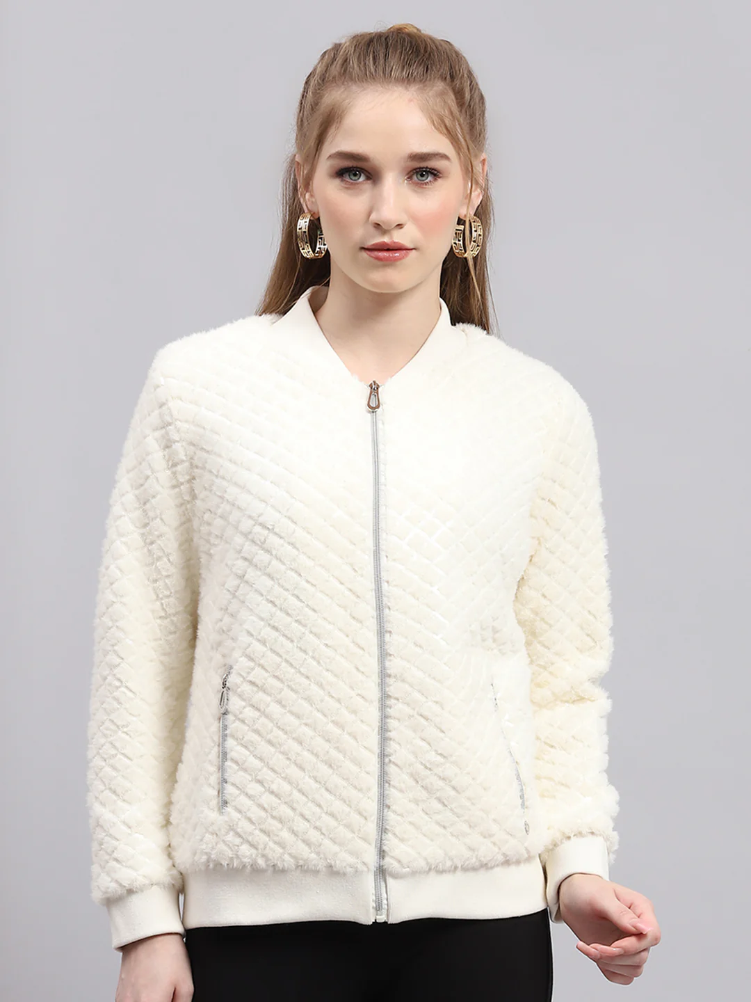 Women Off White Self Design V Neck Full Sleeve Sweatshirt - Image 3
