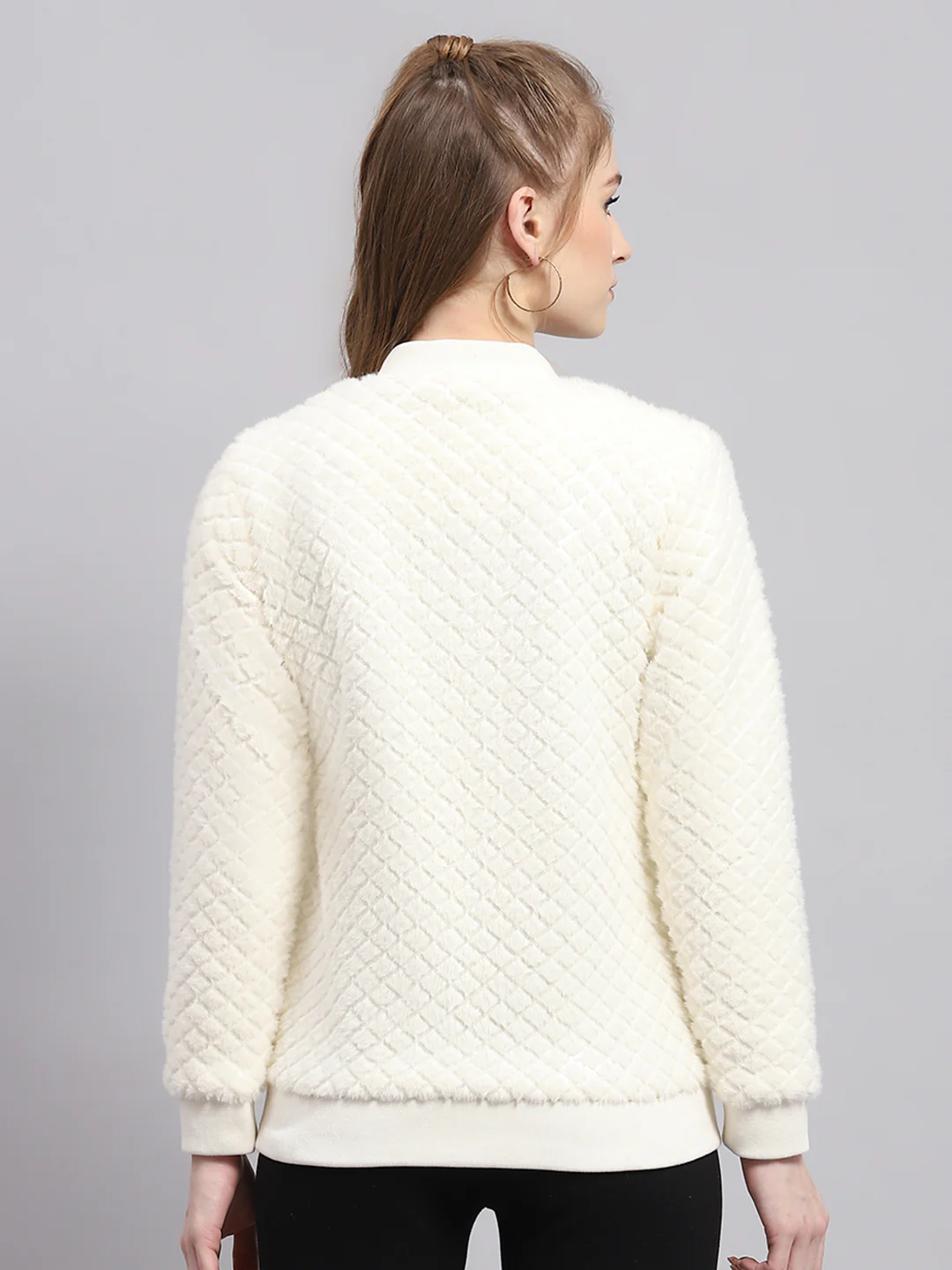 Women Off White Self Design V Neck Full Sleeve Sweatshirt - Image 5