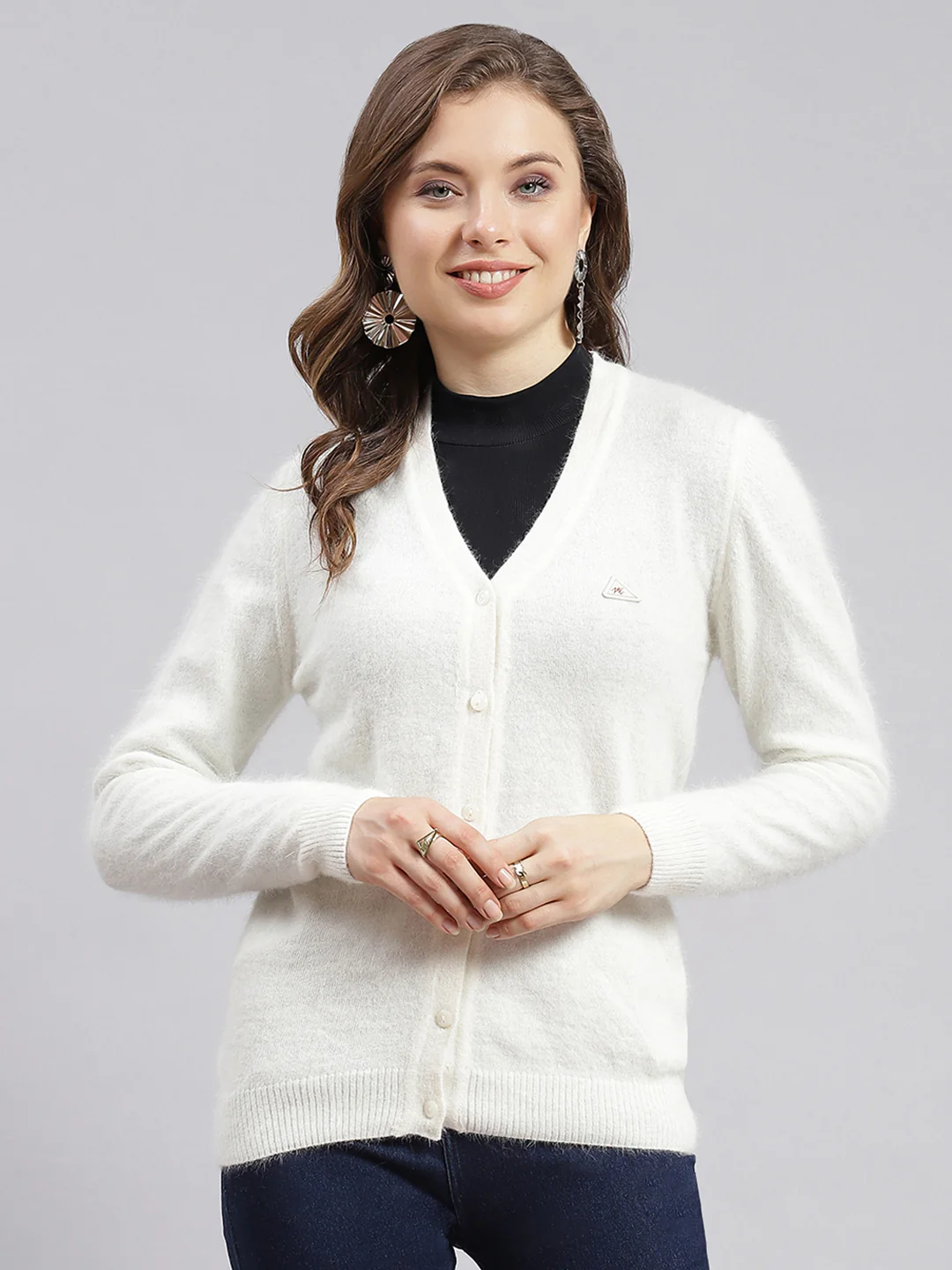 Women Off White Solid Angoora Cardigan - Image 3