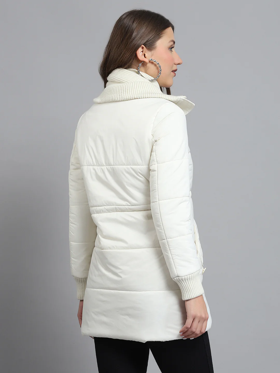Women Off White Solid Collar Full Sleeve Jacket - Image 5