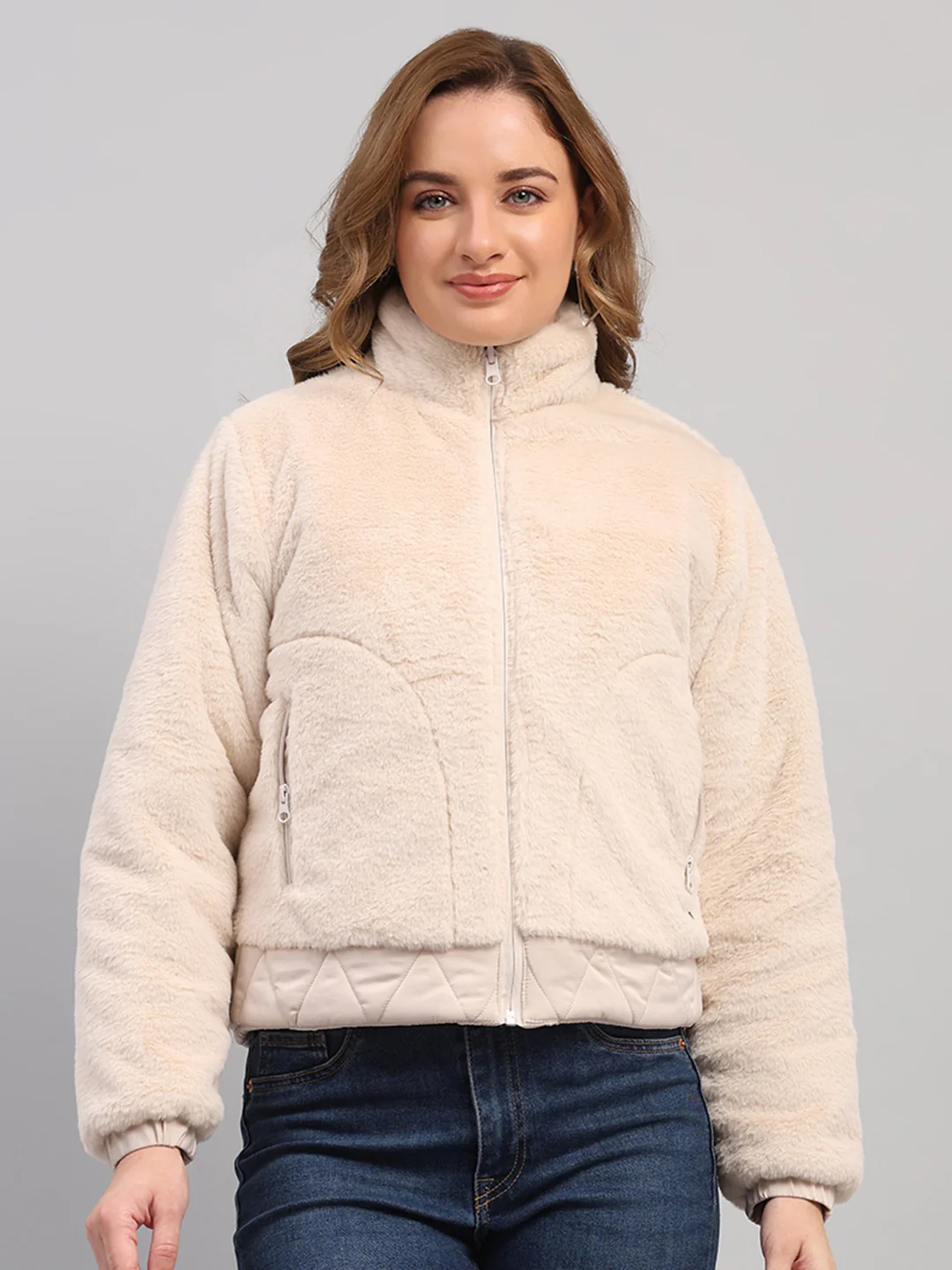 Women Off White Solid Collar Full Sleeve Reversible Jacket - Image 6