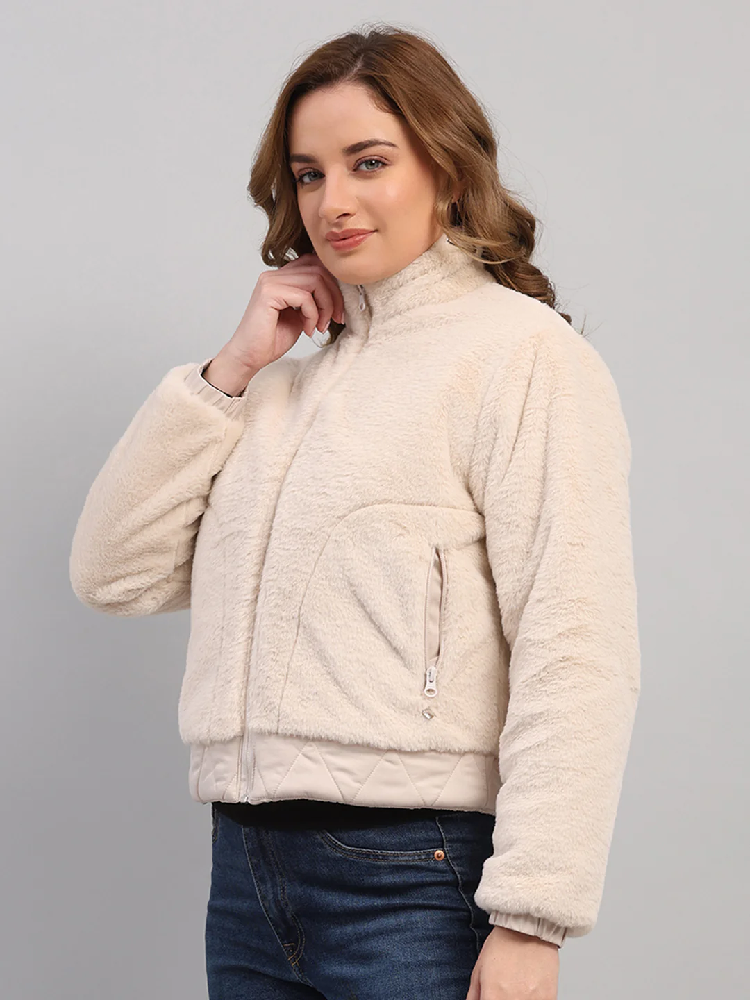 Women Off White Solid Collar Full Sleeve Reversible Jacket - Image 7