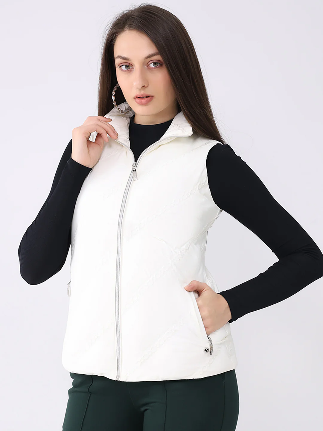 Women Off White Solid Collar Sleeveless Jacket - Image 3