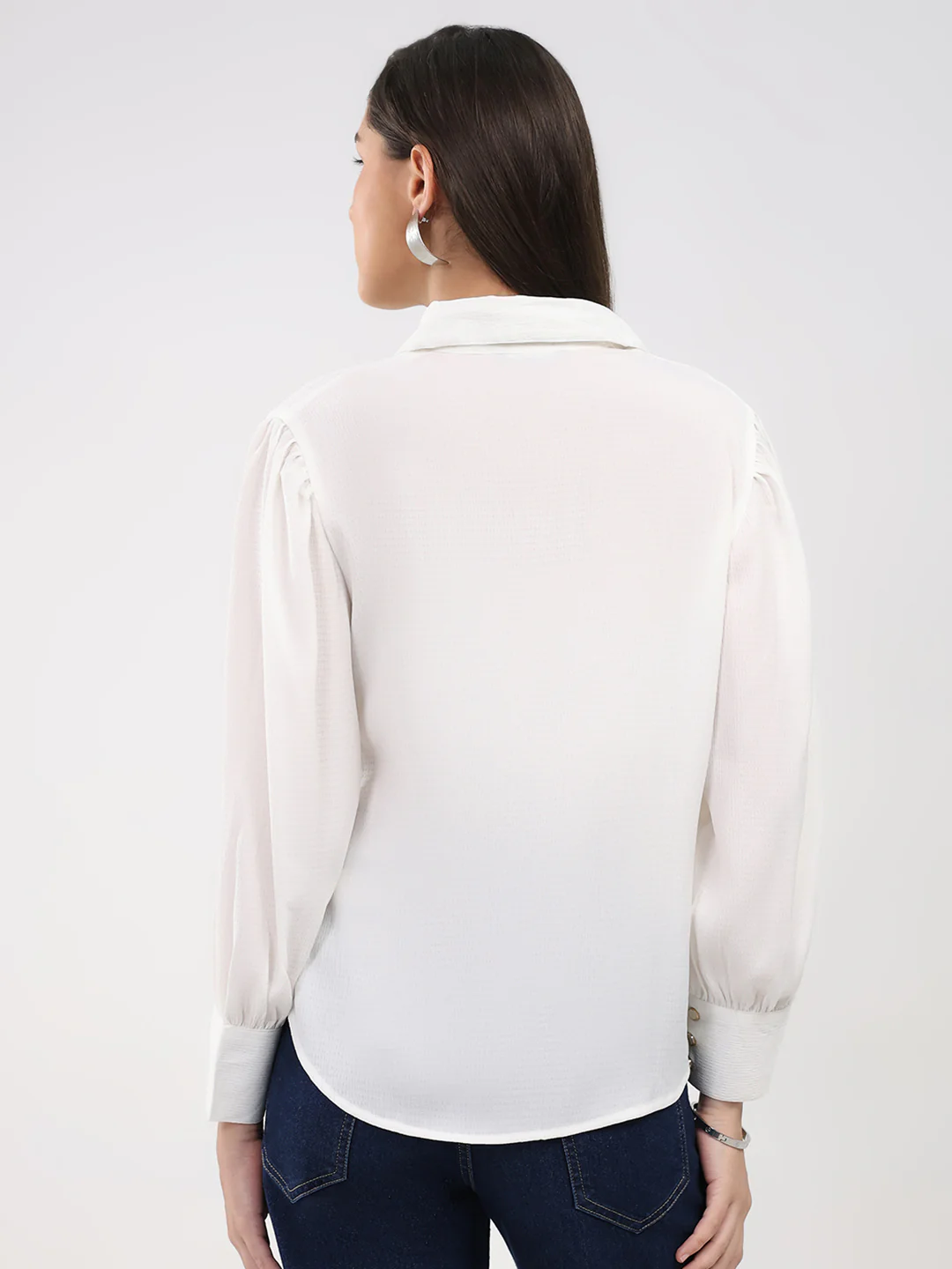 Women Off White Solid Front Open Full Sleeve Winter Top - Image 5