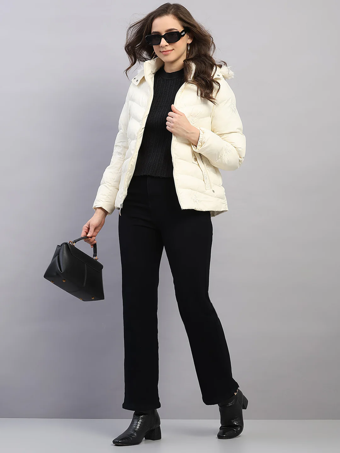 Women Off White Solid Hooded Full Sleeve Jacket - Image 2
