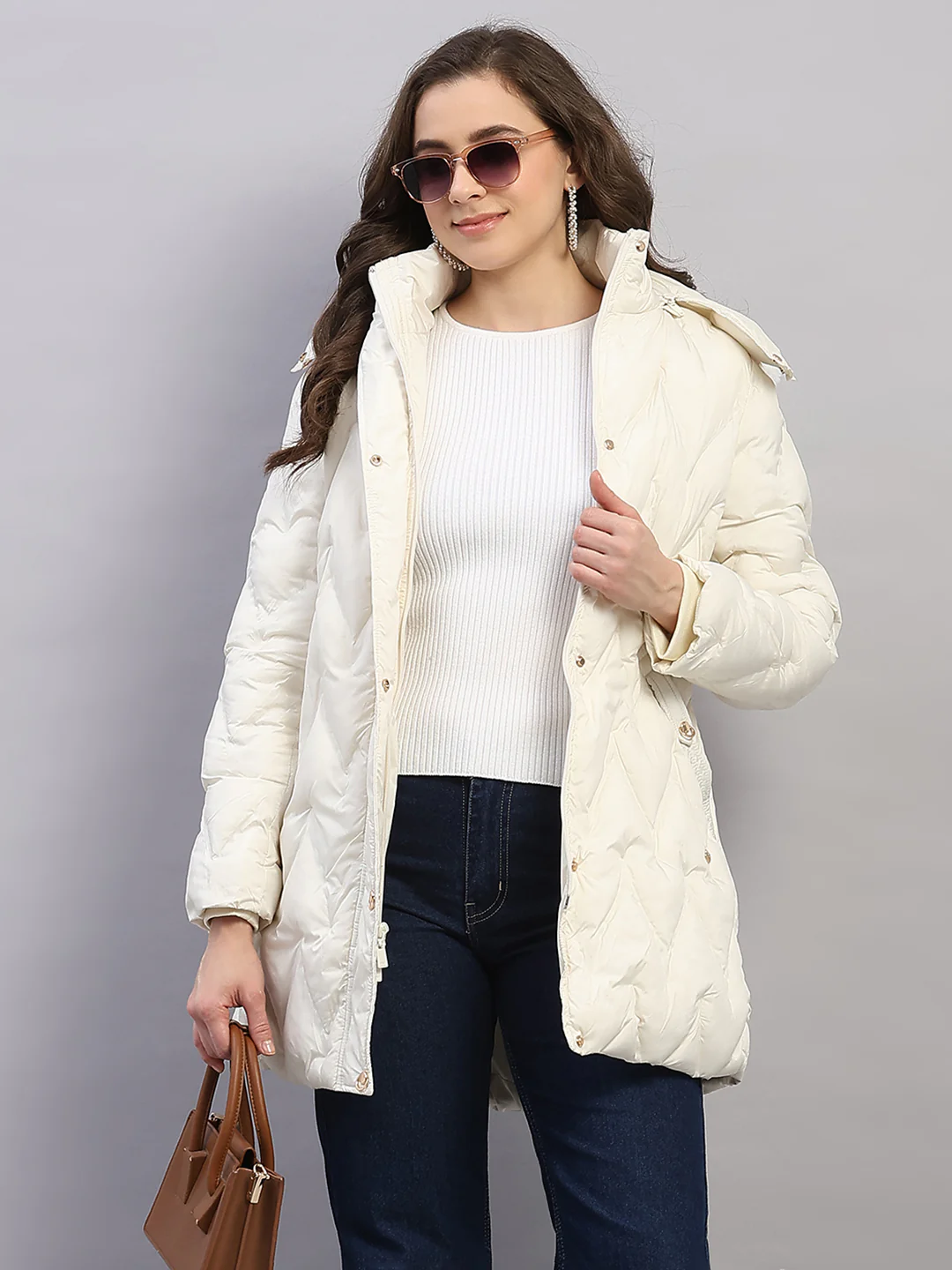 Women Off White Solid Hooded Full Sleeve Jacket - Image 6