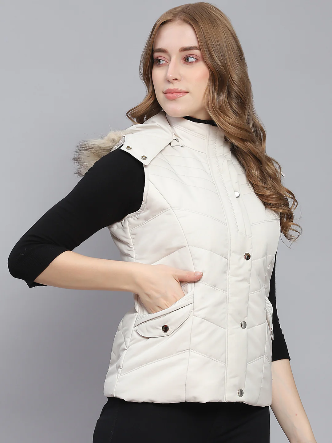 Women Off White Solid Hooded Sleeveless Jackets - Image 4