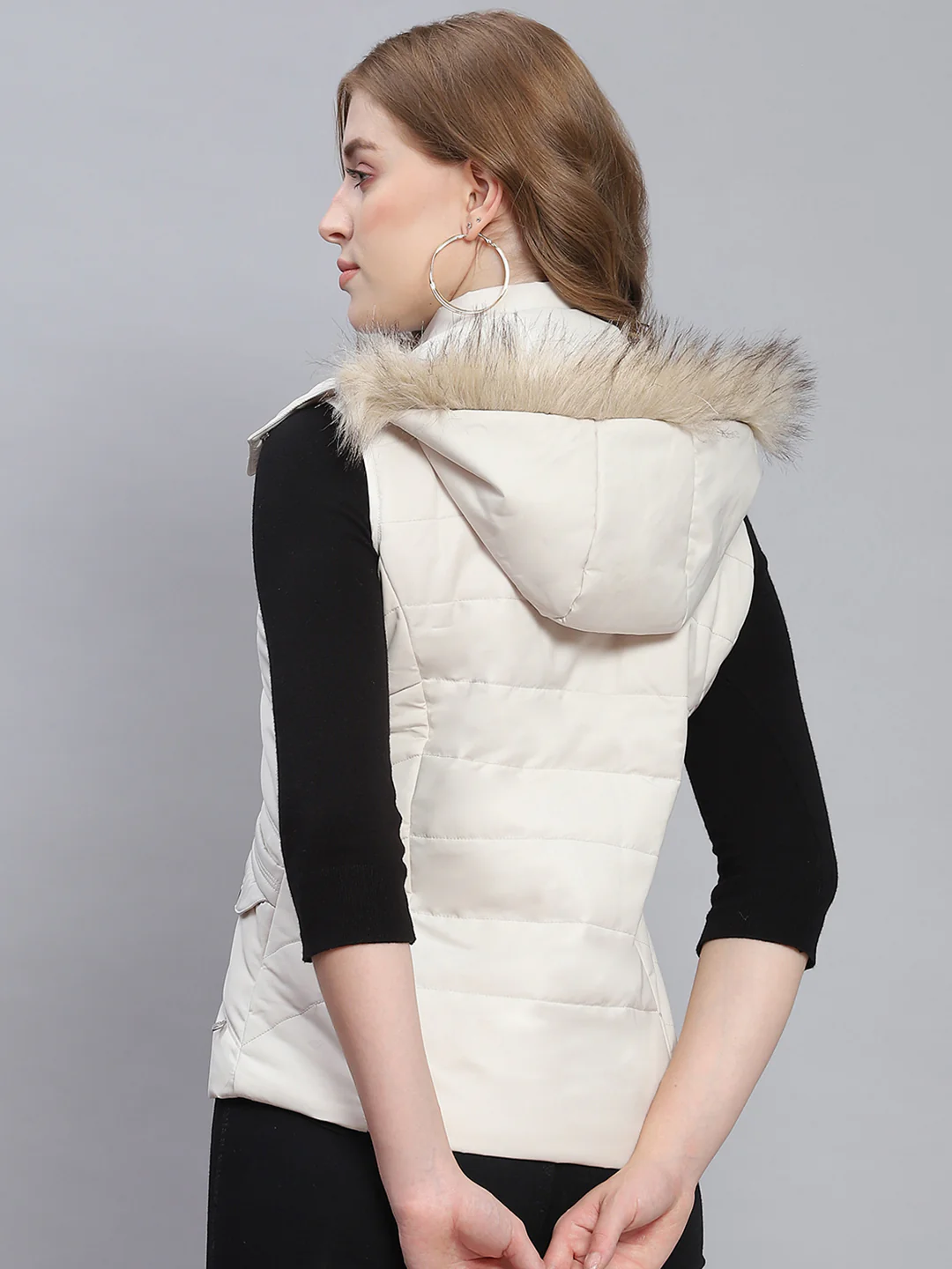 Women Off White Solid Hooded Sleeveless Jackets - Image 5