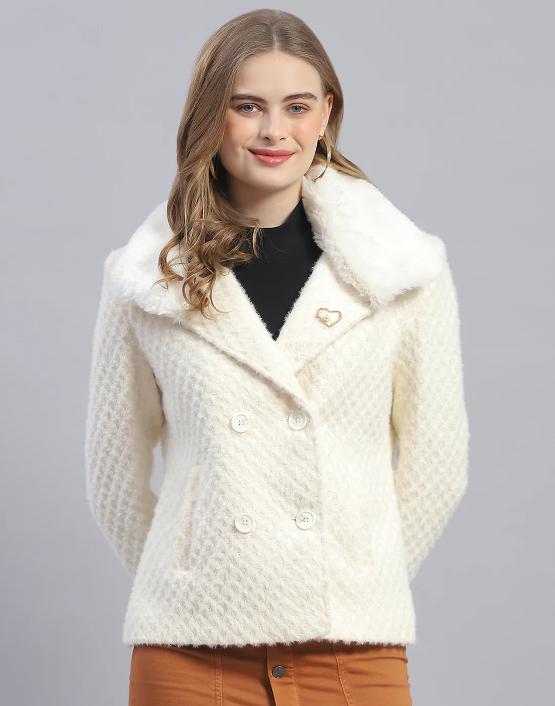 Women Off White Solid Lapel Collar Full Sleeve Coat - Image 2