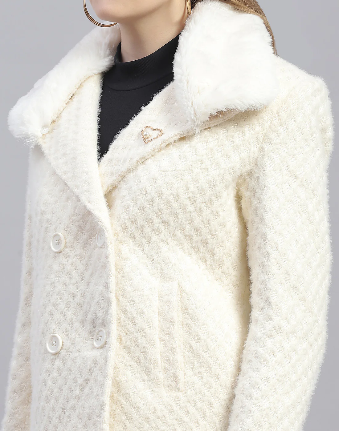 Women Off White Solid Lapel Collar Full Sleeve Coat - Image 7