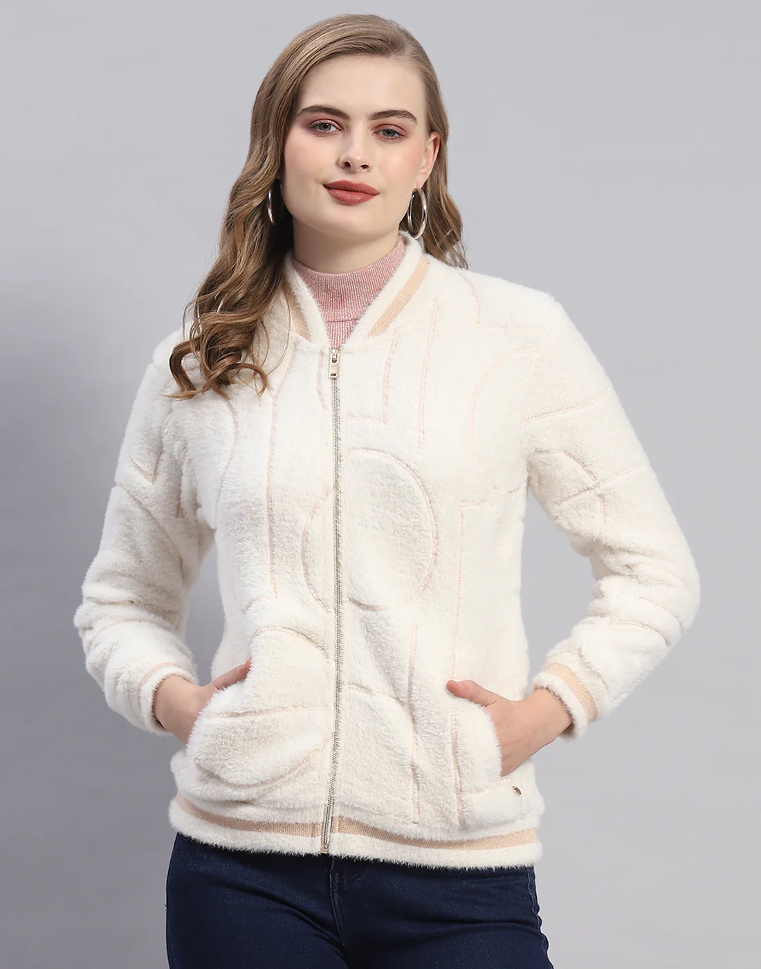 Women Off White Solid Mandarin Collar Full Sleeve Sweatshirt - Image 2