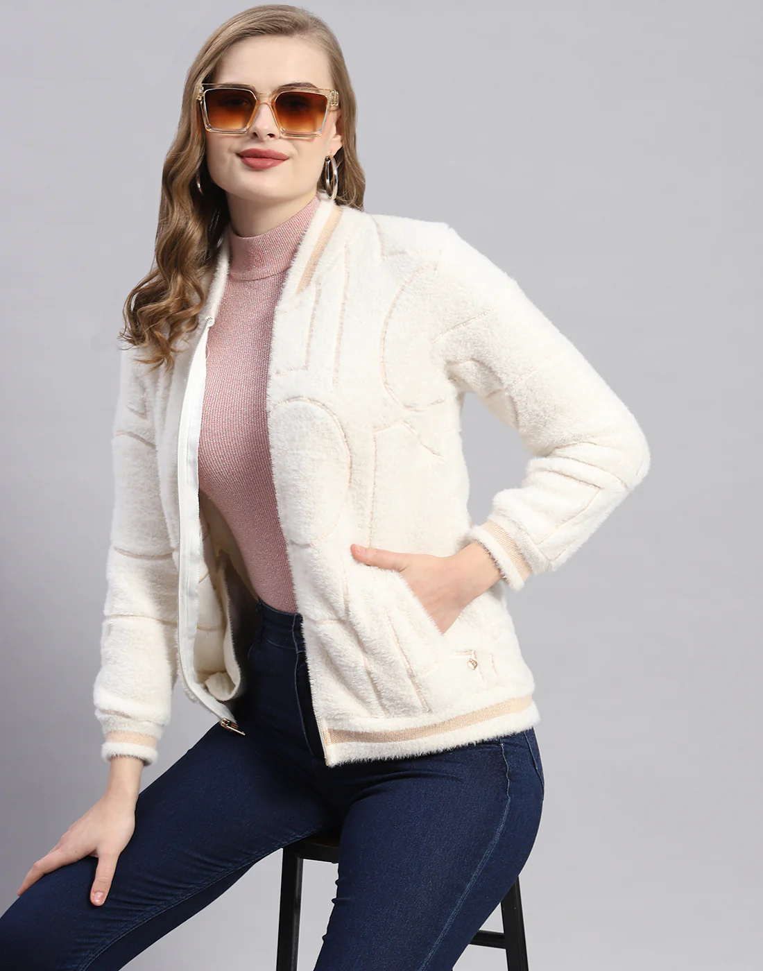 Women Off White Solid Mandarin Collar Full Sleeve Sweatshirt - Image 6
