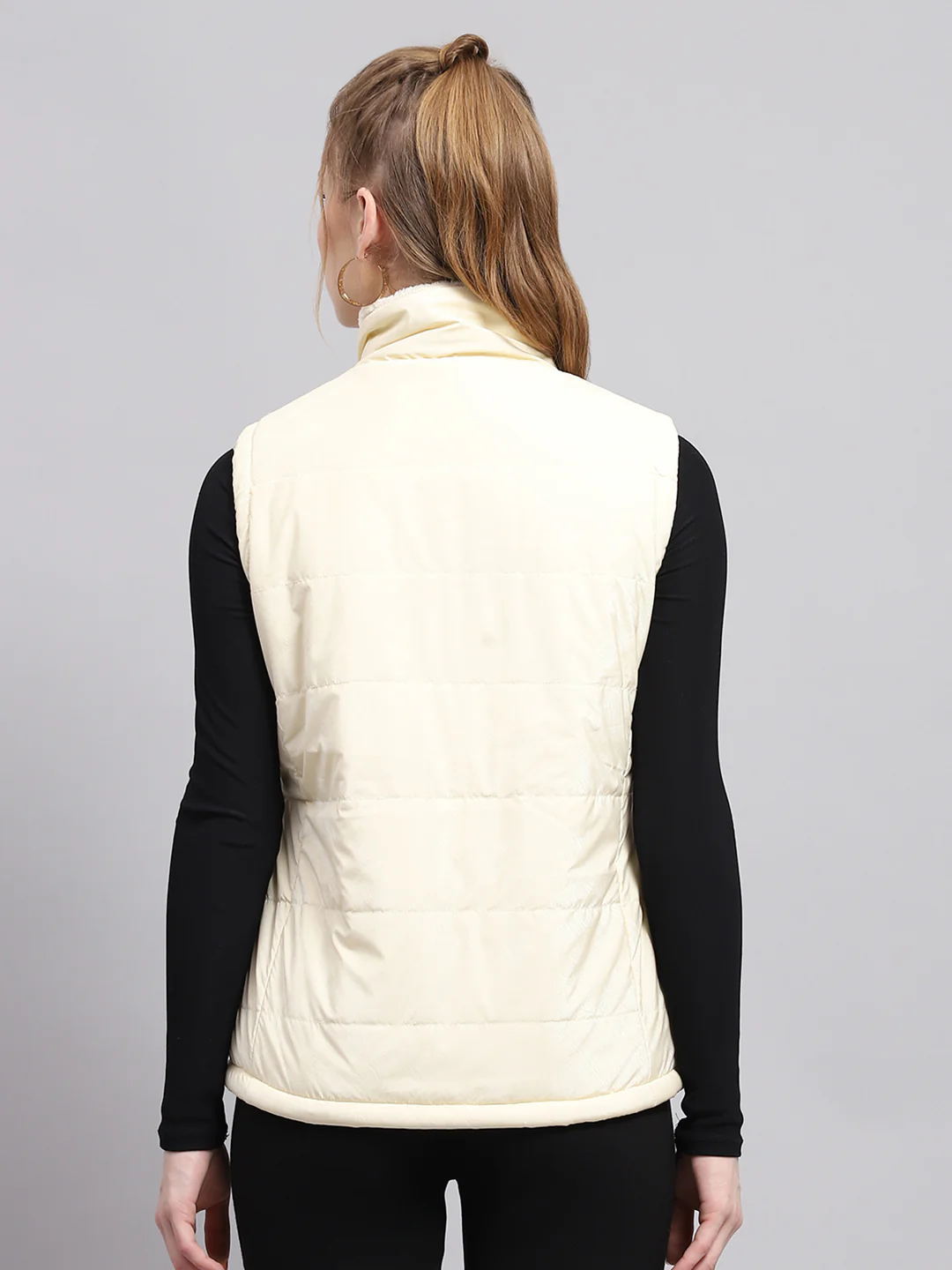 Women Off White Solid Mock Neck Sleeveless Jacket - Image 5