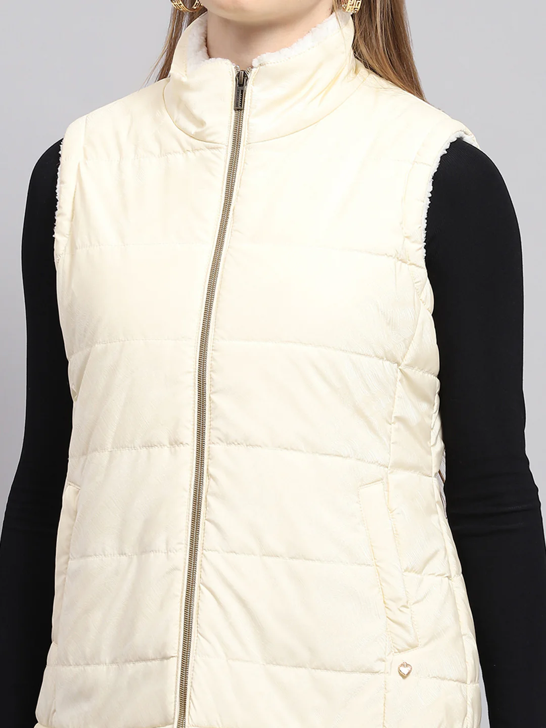 Women Off White Solid Mock Neck Sleeveless Jacket - Image 6