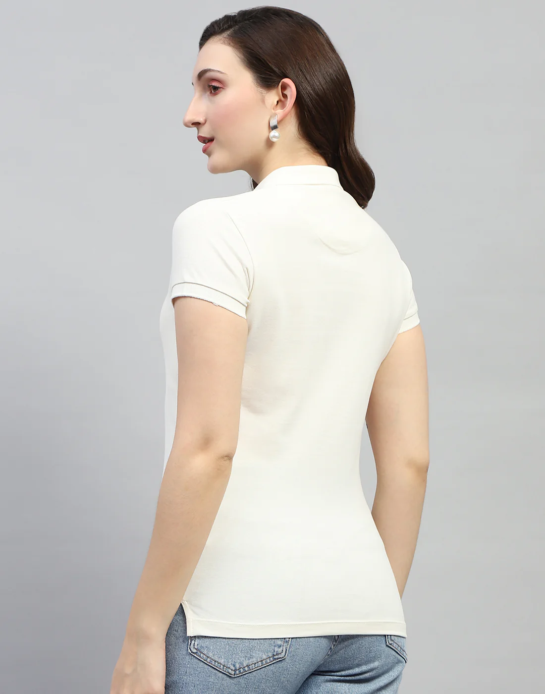Women Off White Solid Polo Collar Half Sleeve T Shirt - Image 5
