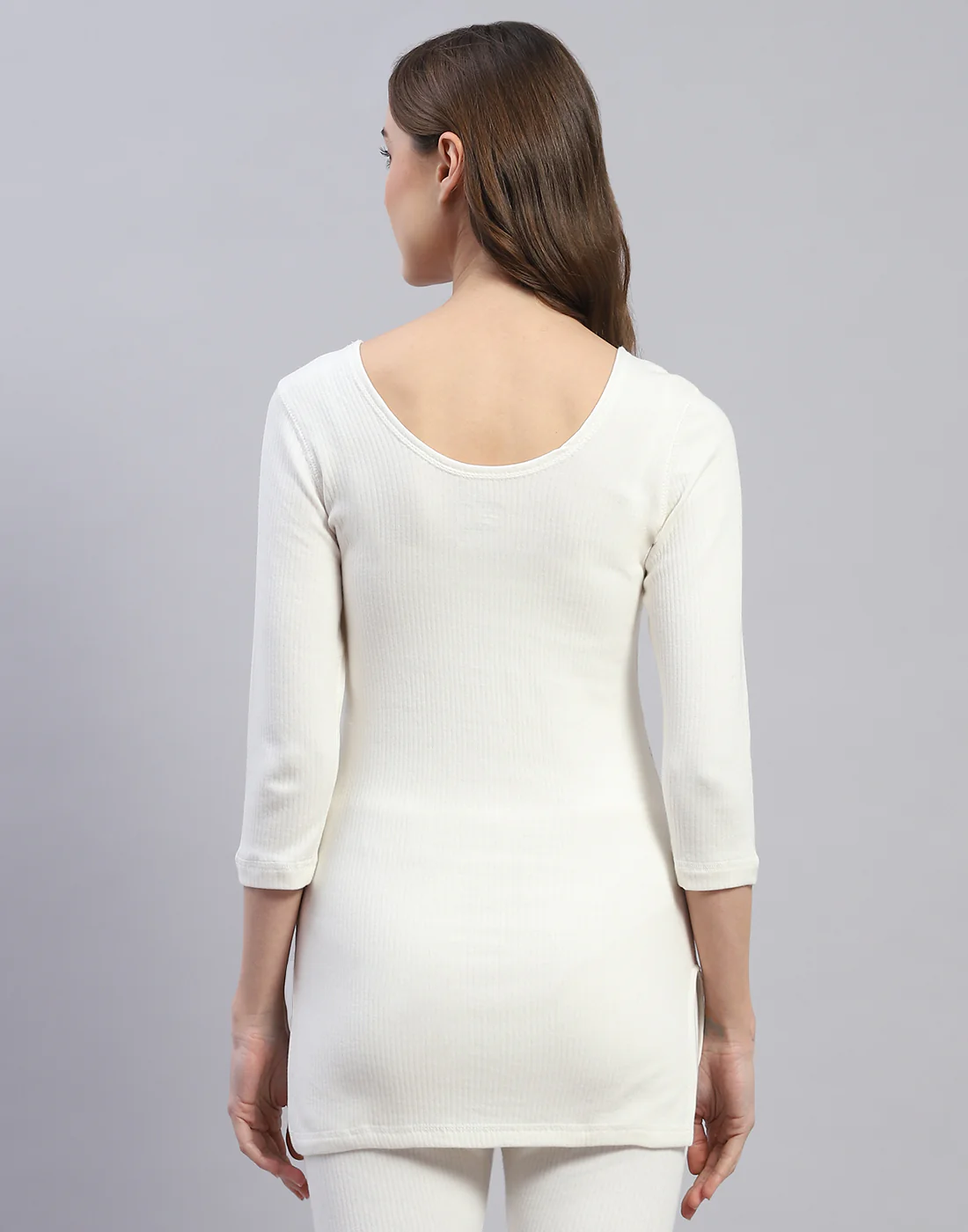 Women Off White Solid Round Neck 3/4 Sleeve Thermal Vest - Image 5