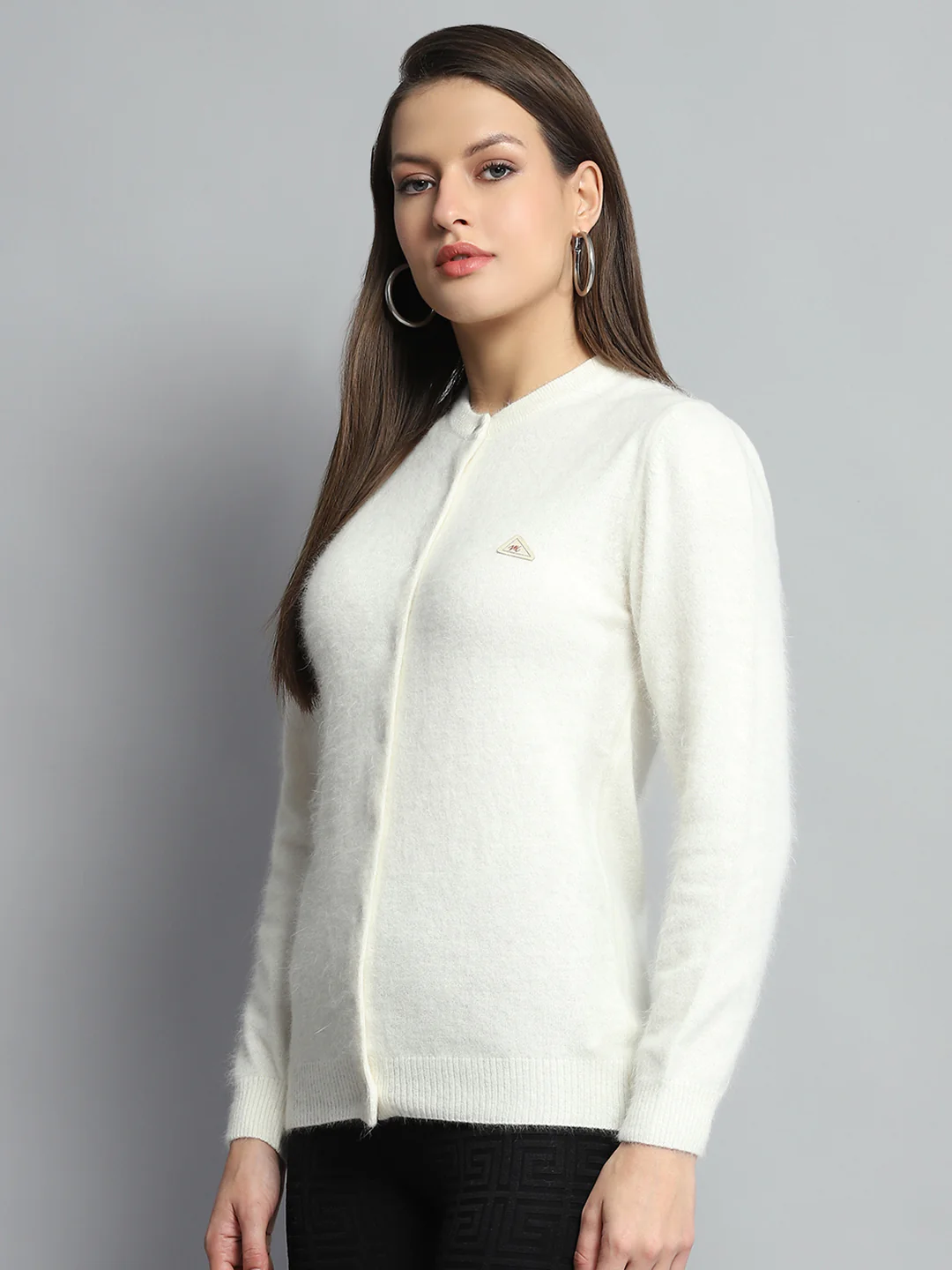 Women Off White Solid Round Neck Full Sleeve Cardigan - Image 3