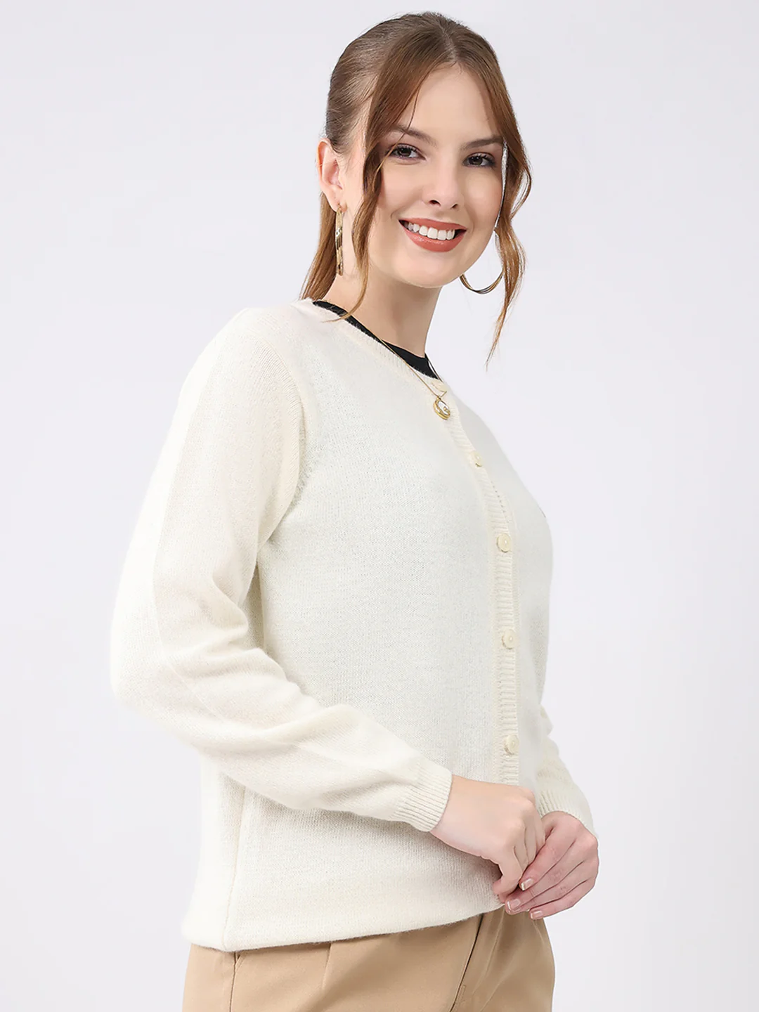 Women Off White Solid Round Neck Full Sleeve Cardigan - Image 4