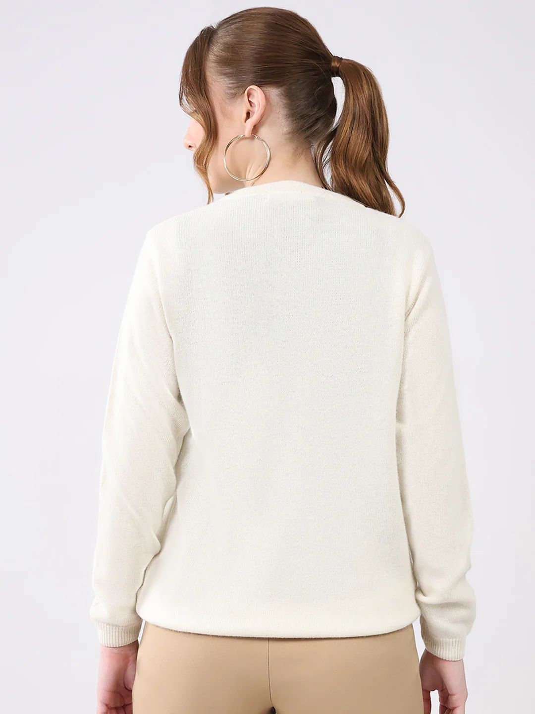 Women Off White Solid Round Neck Full Sleeve Cardigan - Image 5