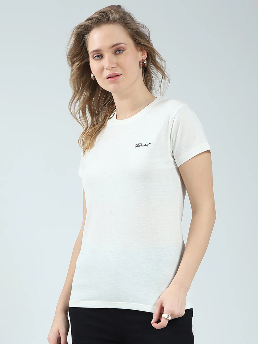 Rock.it Women Off White Solid Round Neck Half Sleeve Top - Image 3
