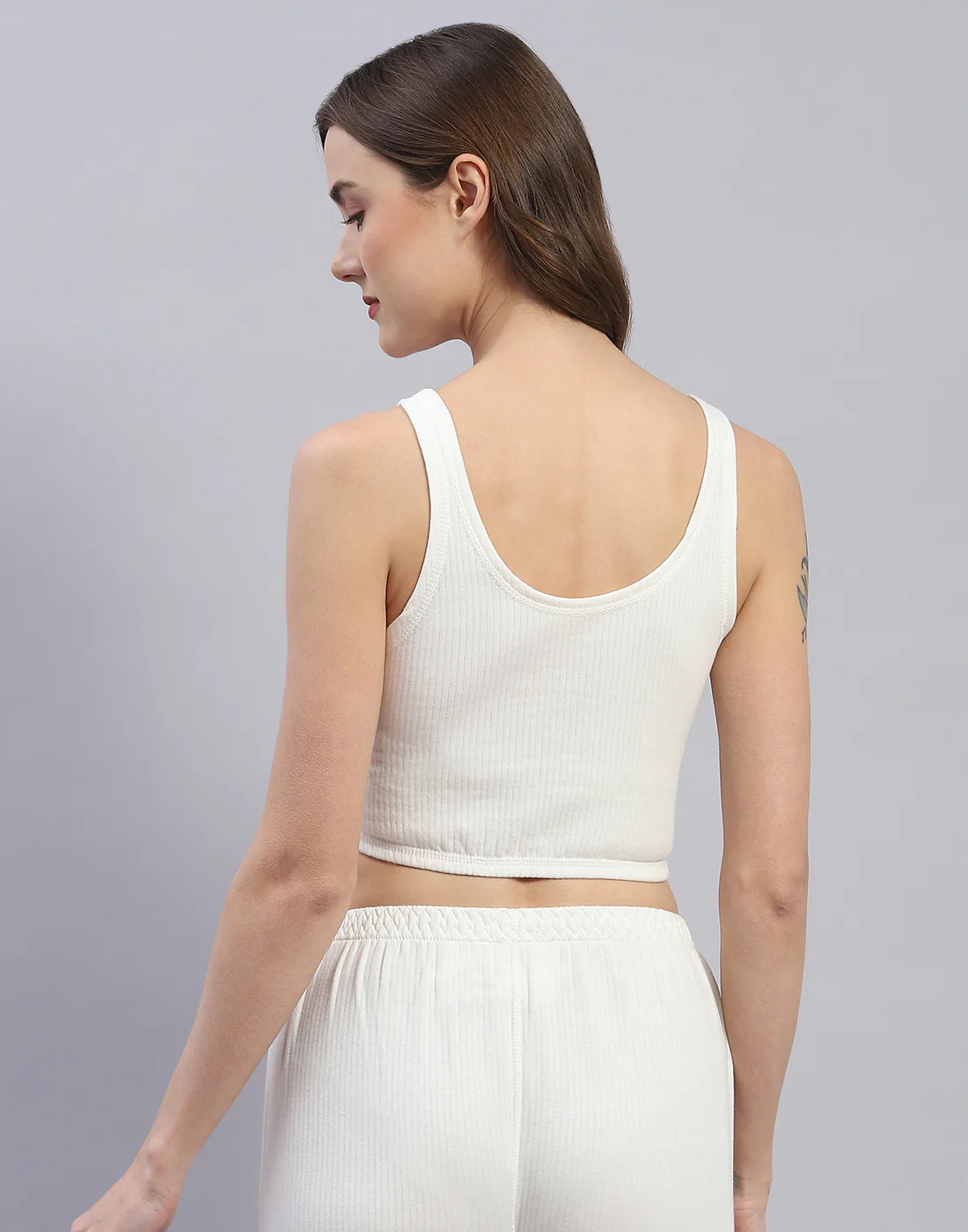 Women Off White Solid Round Neck Sleeveless Thermal Blouse - Image 5