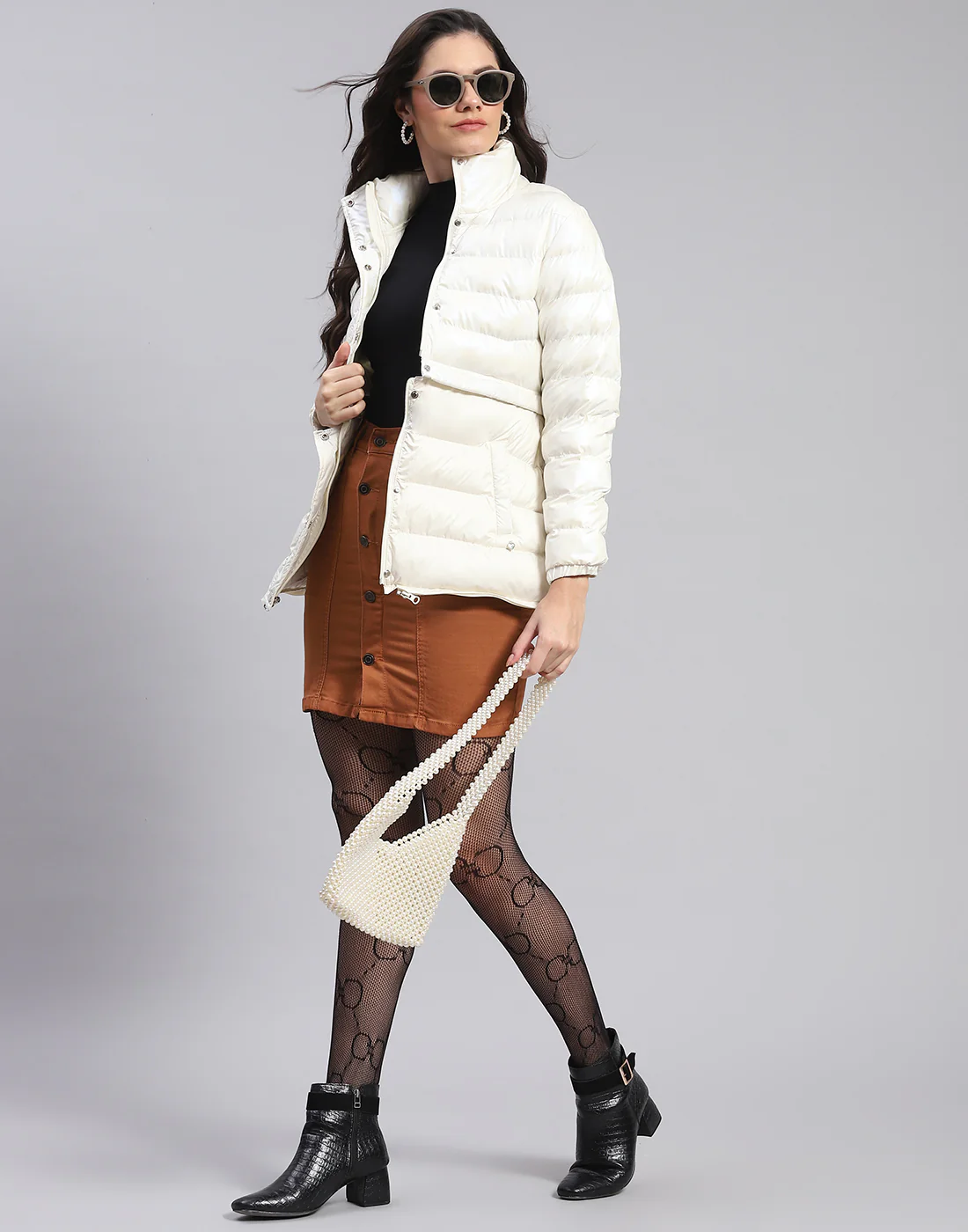 Women Off White Solid Stand Collar Full Sleeve Jacket - Image 4