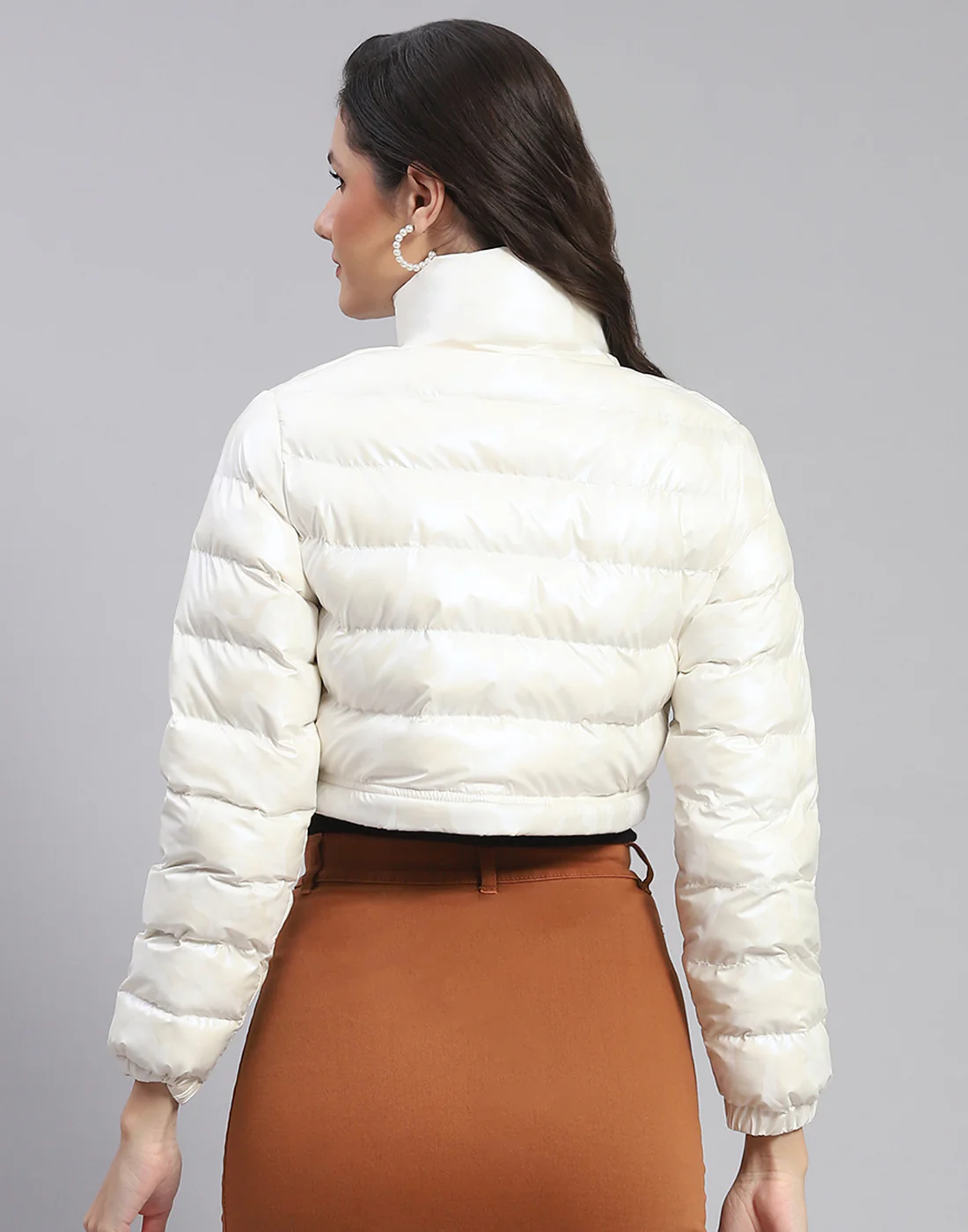 Women Off White Solid Stand Collar Full Sleeve Jacket - Image 8