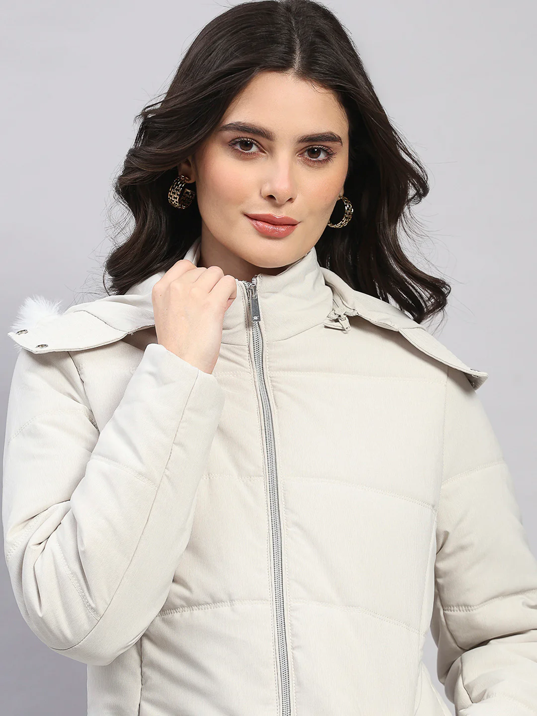 Women Off White Stripe Hooded Full Sleeve Jacket - Image 7
