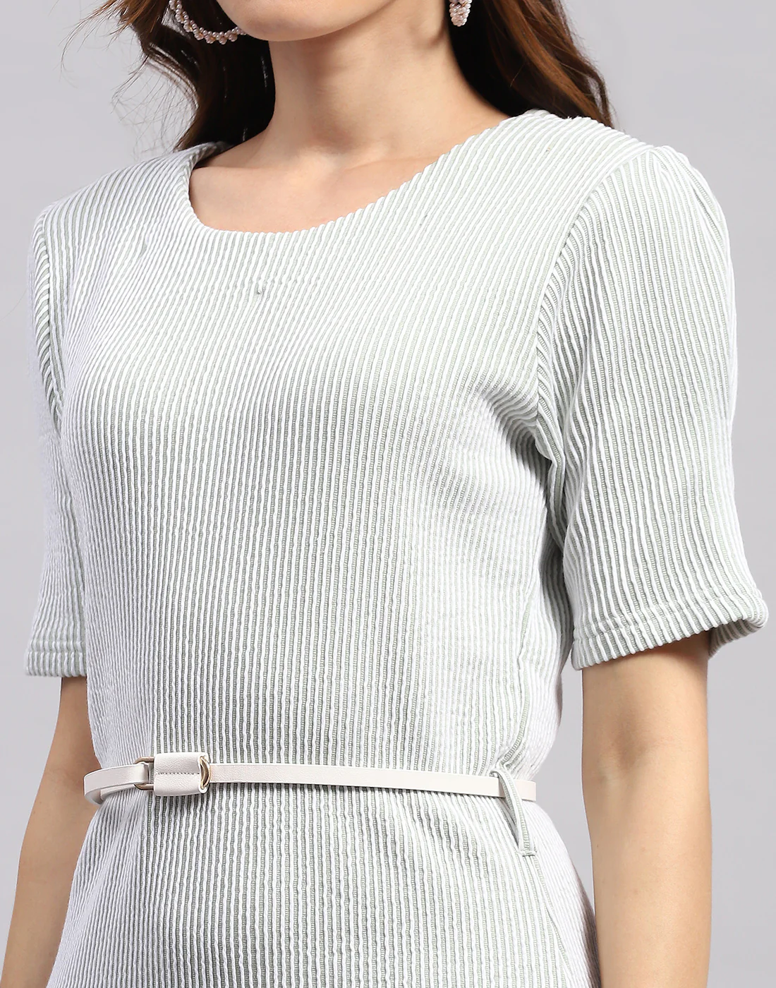 Women Off White Stripe Round Neck Half Sleeve Dress - Image 2