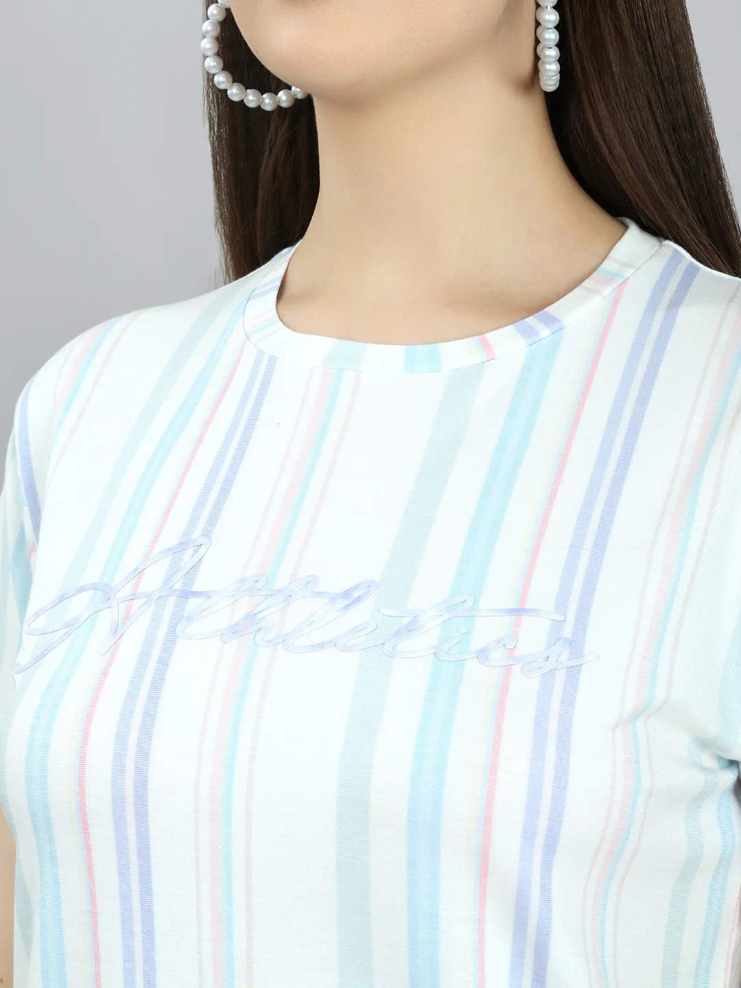Women Off White Stripe Round Neck Half Sleeve Top - Image 4