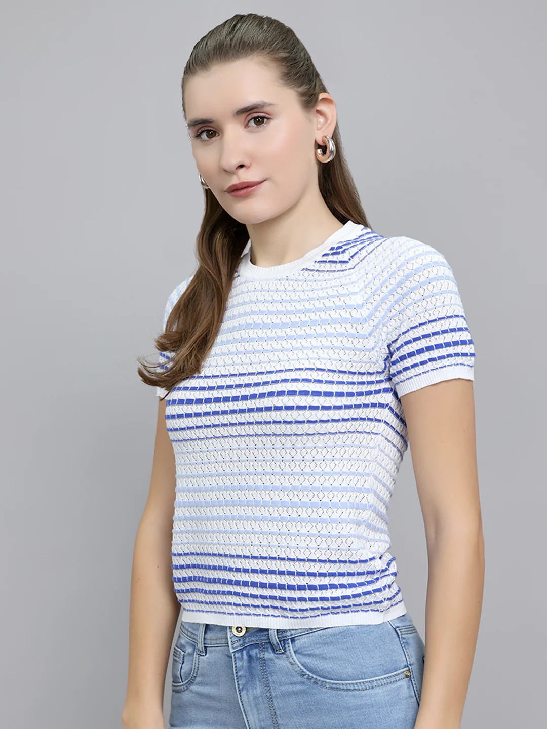 Women Off White Stripe Round Neck Half Sleeve Top - Image 2