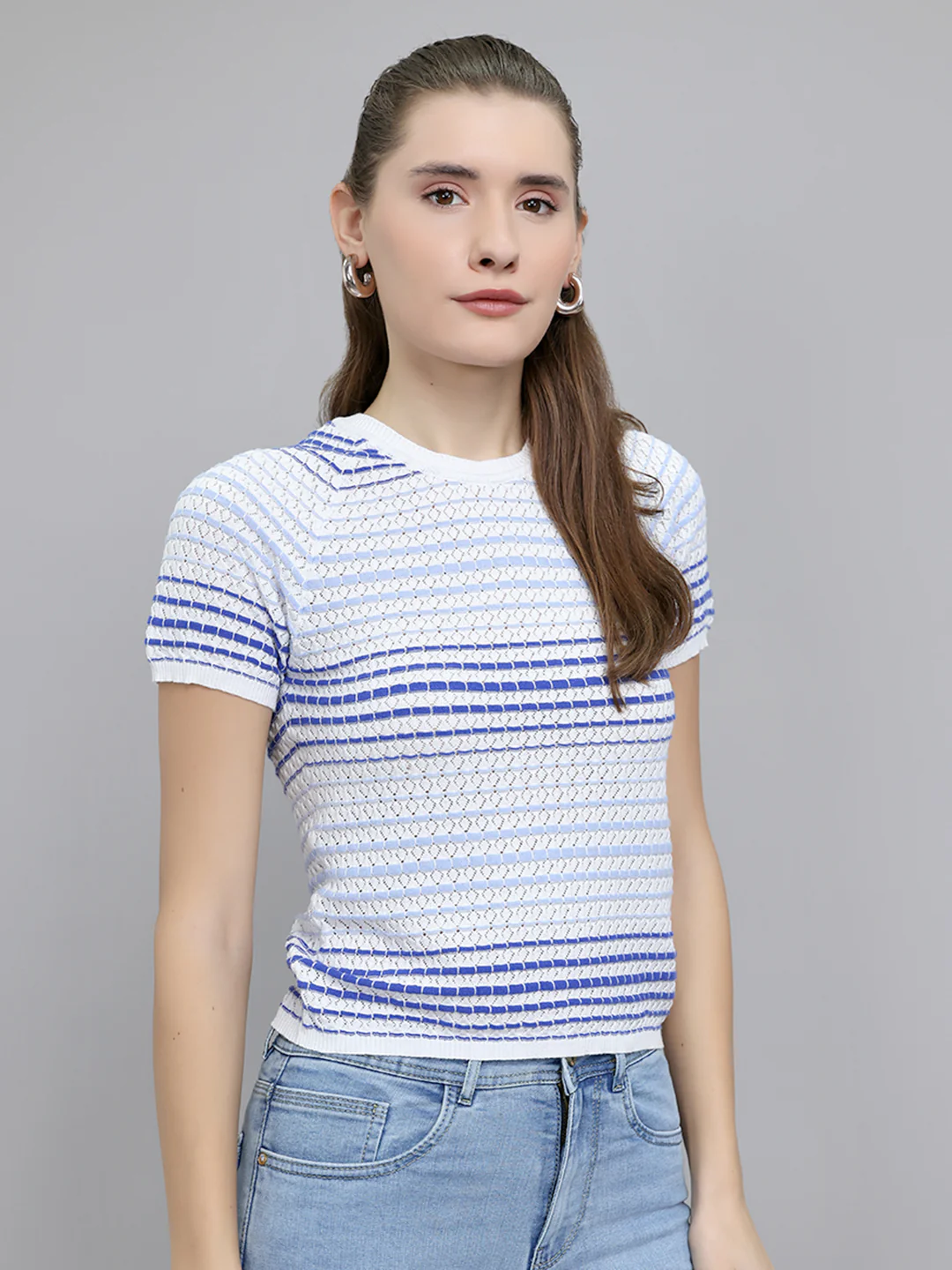 Women Off White Stripe Round Neck Half Sleeve Top - Image 3