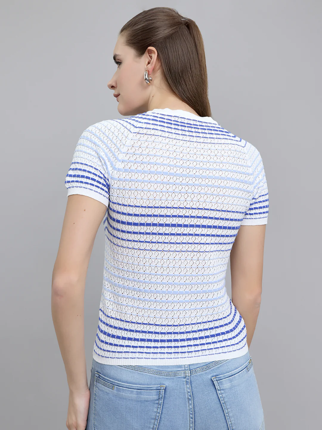 Women Off White Stripe Round Neck Half Sleeve Top - Image 4
