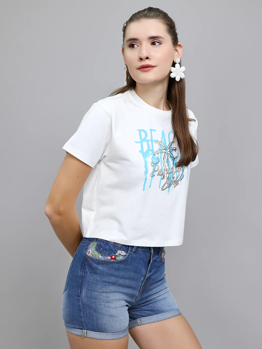 Women Off White Typographic Round Neck Half Sleeve Top - Image 3