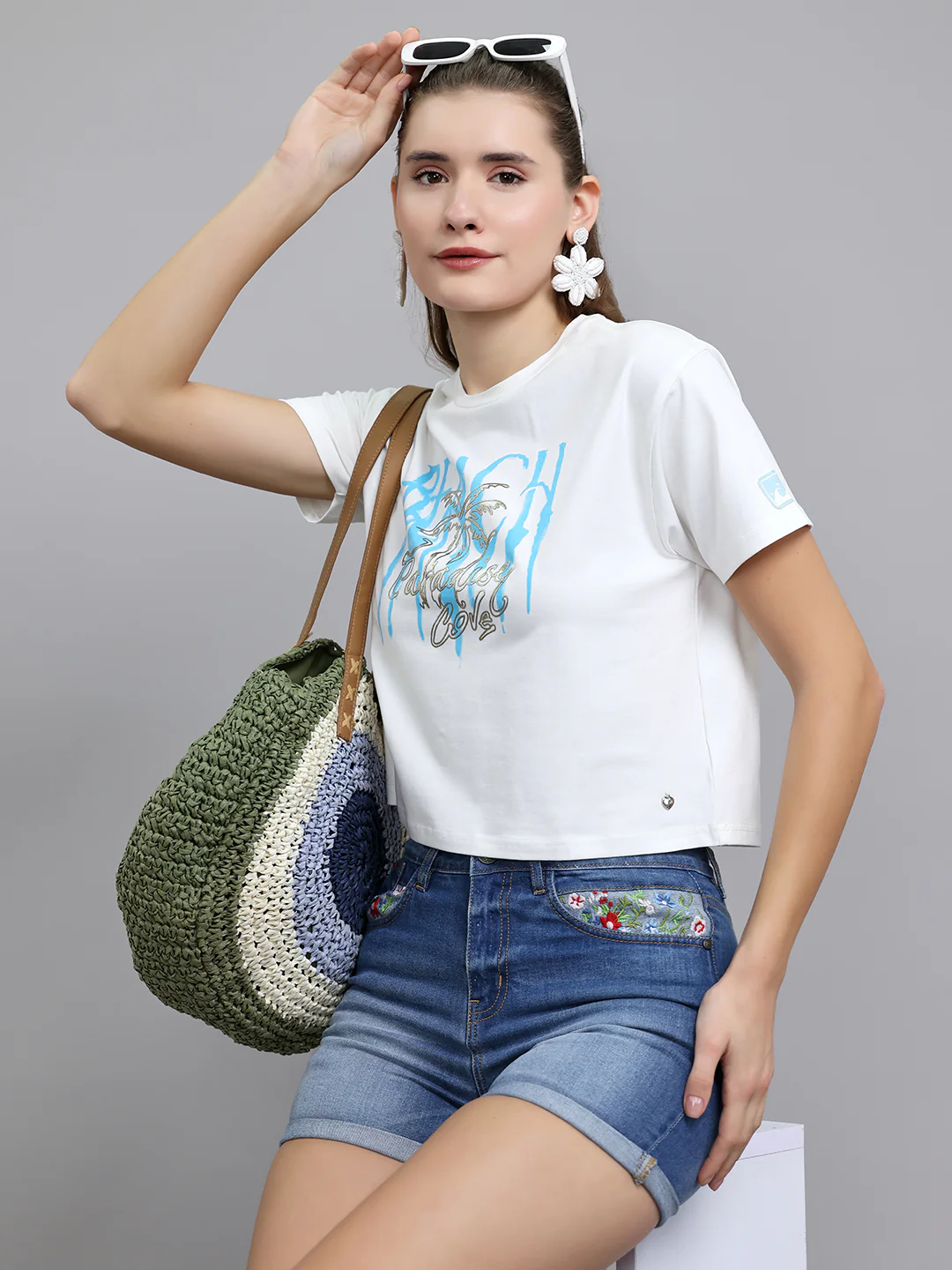 Women Off White Typographic Round Neck Half Sleeve Top - Image 7