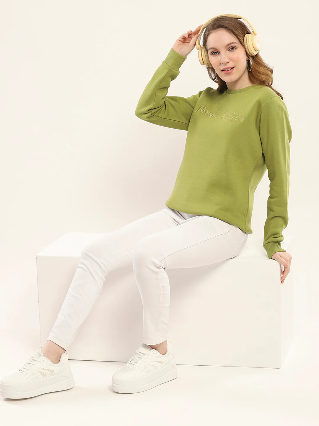 Women Olive Embroidered Round Neck Full Sleeve Sweatshirt - Image 2