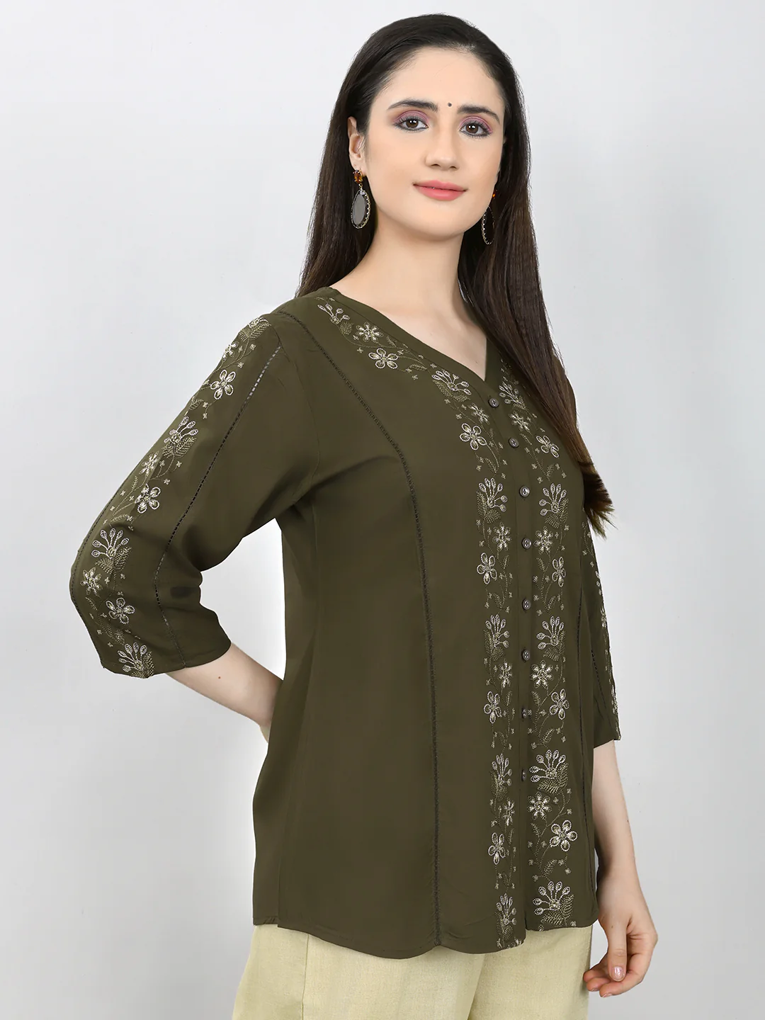 Women Olive Embroidered V Neck 3/4th Sleeve Top - Image 3
