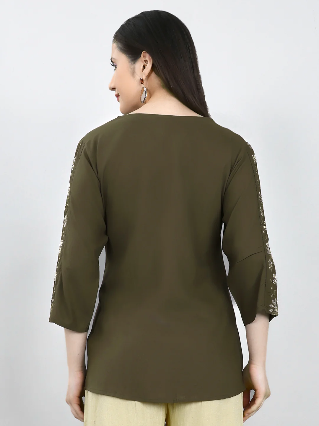 Women Olive Embroidered V Neck 3/4th Sleeve Top - Image 4