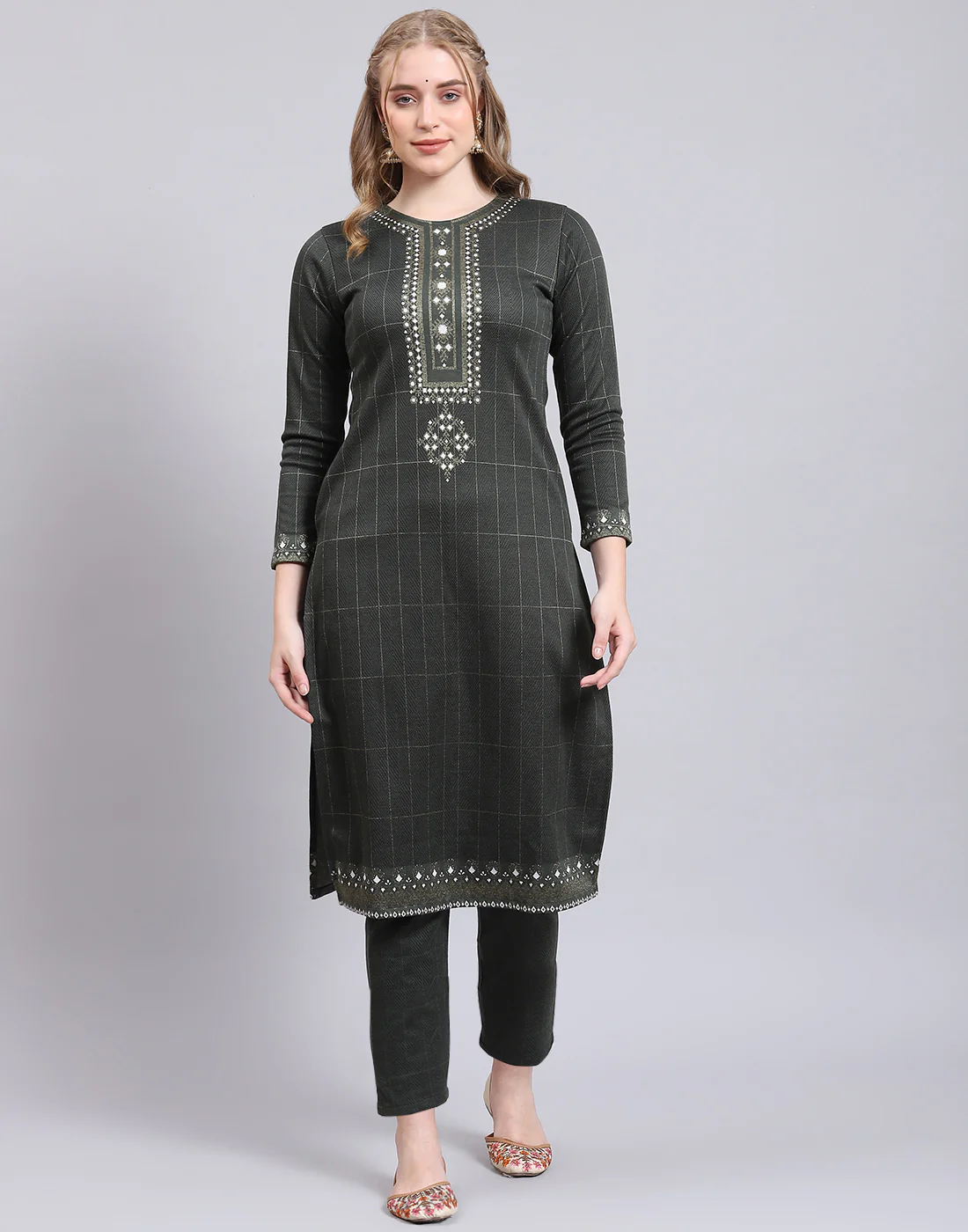 Women Olive Printed Collar Full Sleeve Kurtis Set - Image 3