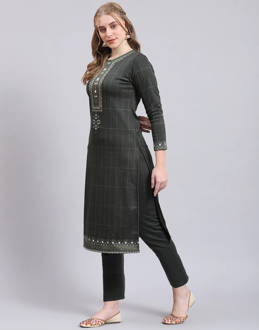 Women Olive Printed Collar Full Sleeve Kurtis Set - Image 4