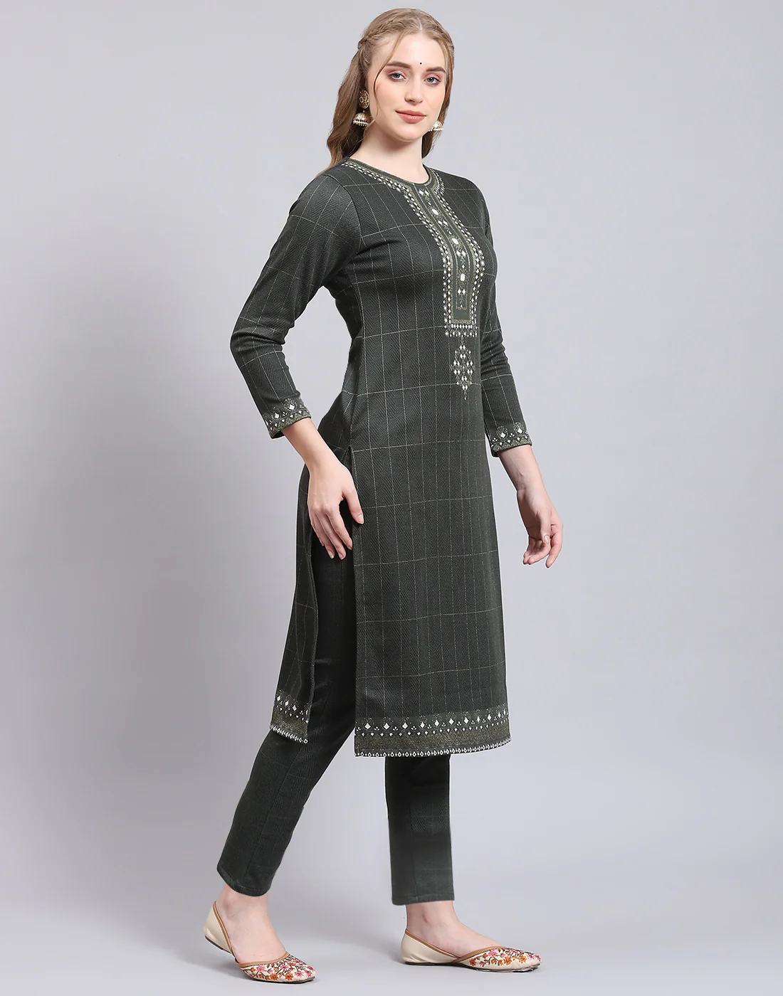 Women Olive Printed Collar Full Sleeve Kurtis Set - Image 6