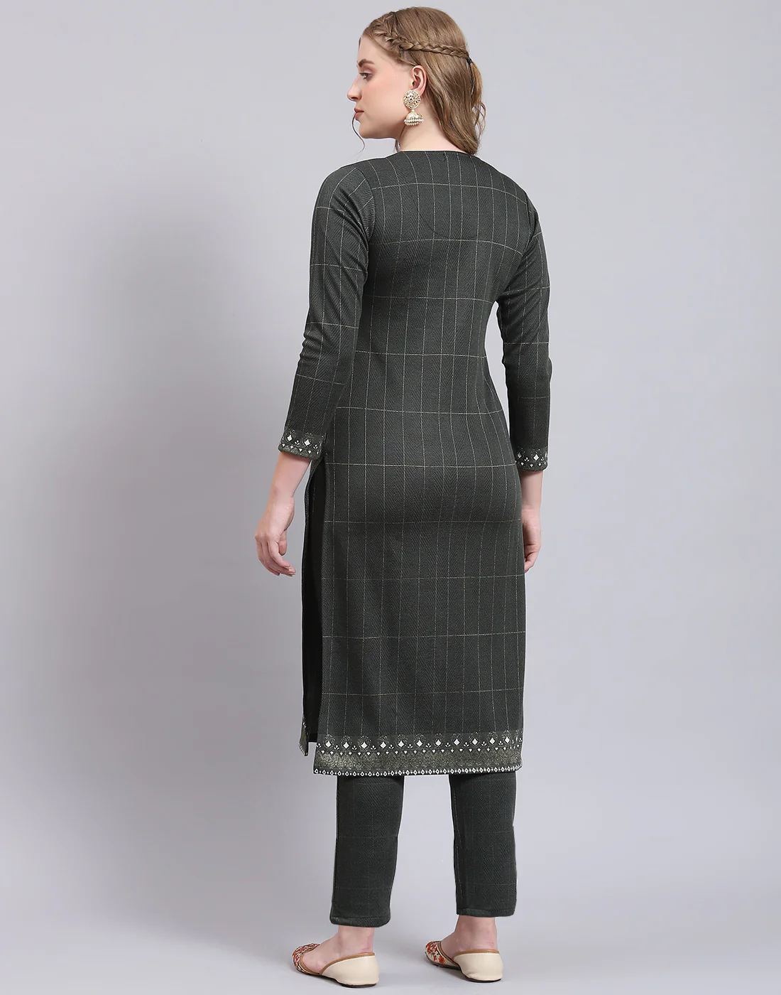 Women Olive Printed Collar Full Sleeve Kurtis Set - Image 7
