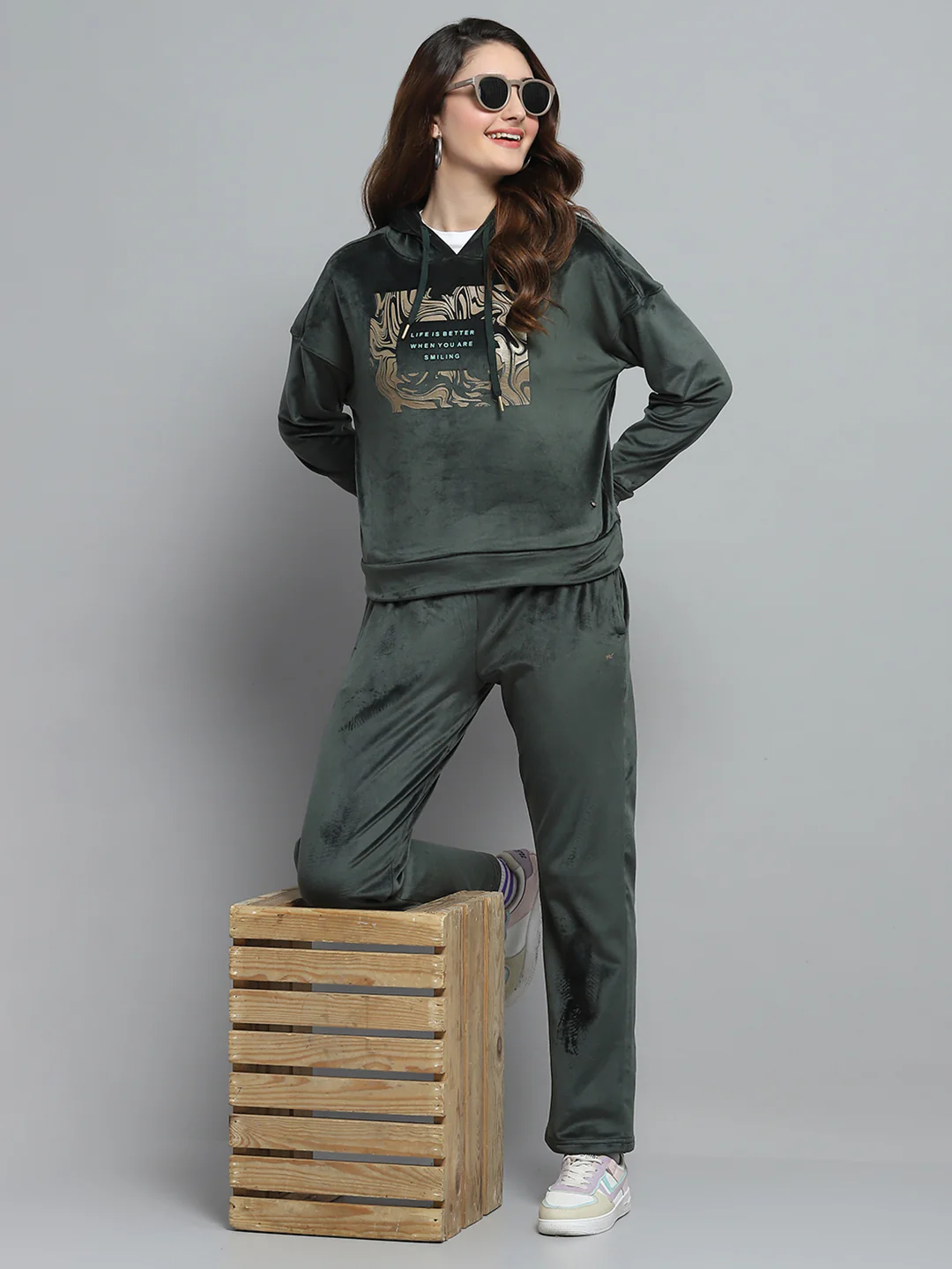 Women Olive Printed Hooded Full Sleeve Cords Set - Image 2